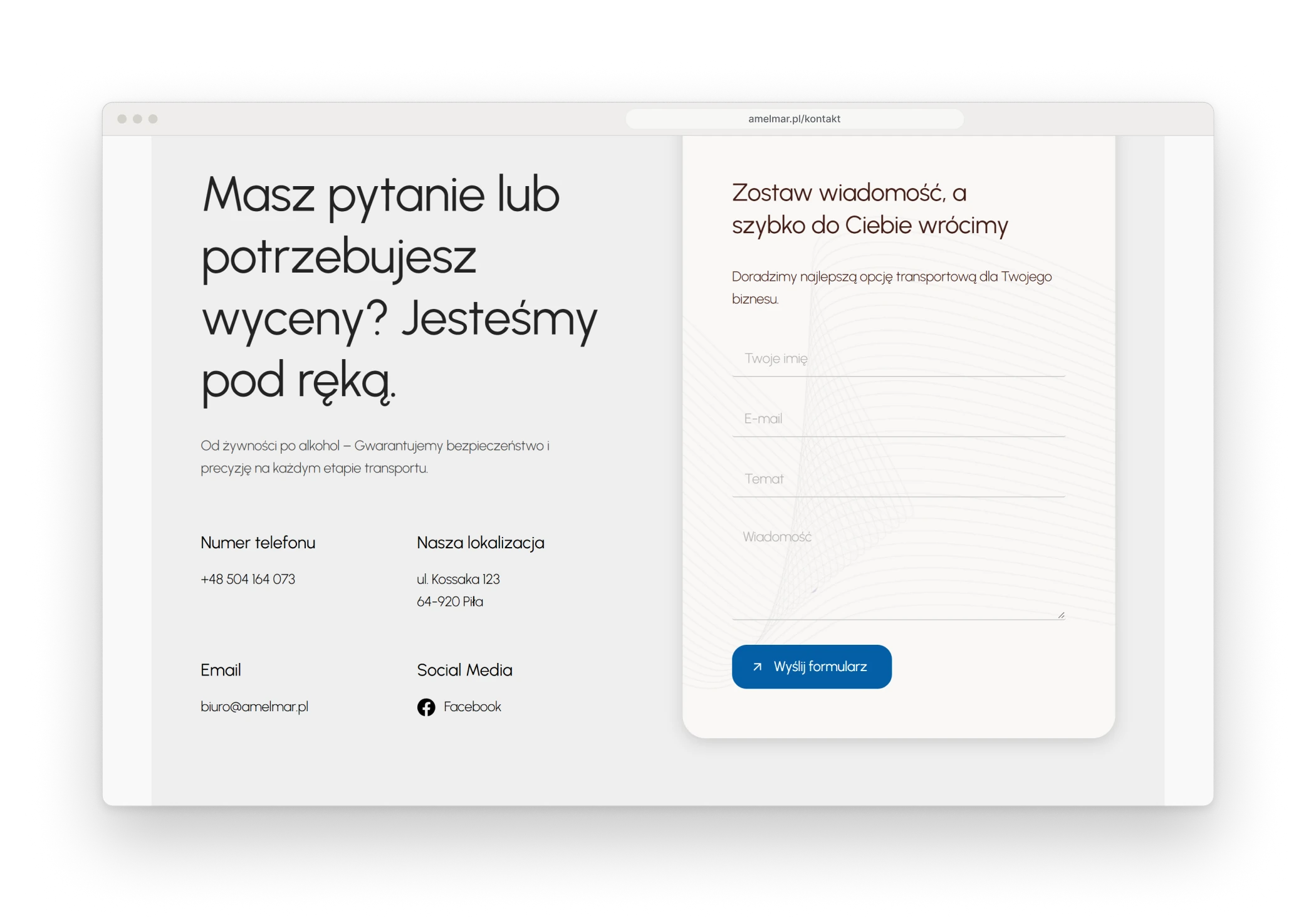 The contact section in a browser window, a heading asking whether the visitor has a question or needs a quote, the phone number, the address and the e-mail, and a form with four fields and a send button