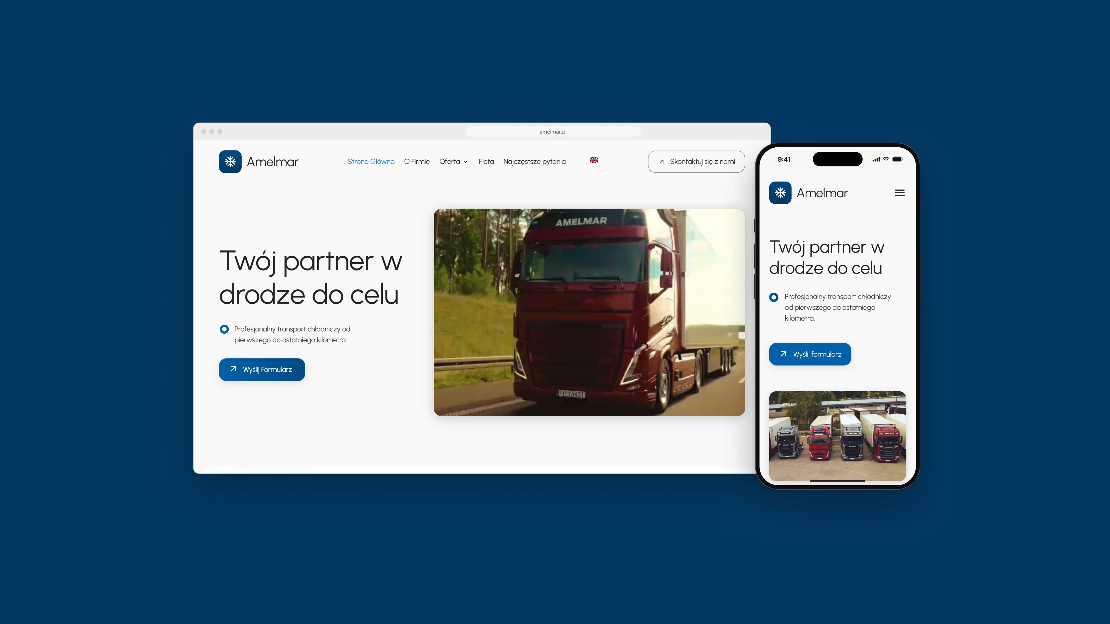 The Amelmar home page in a browser window, a heading about being a partner on the road next to a photograph of a dark red truck, and the same page on a phone, on a navy background