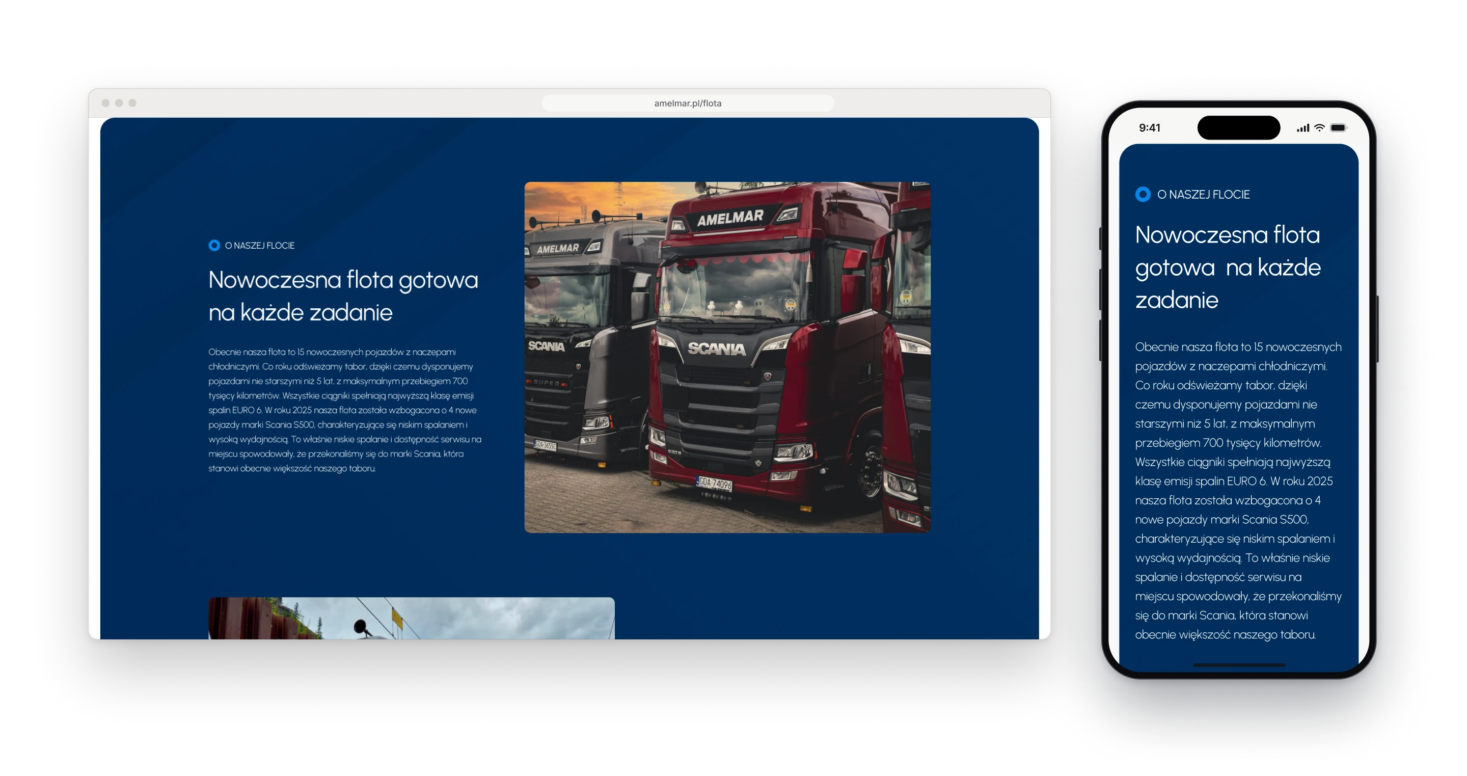 The fleet page in a browser window, a dark navy panel with a heading about a modern fleet ready for every job next to a photograph of two trucks, and the same section on a phone