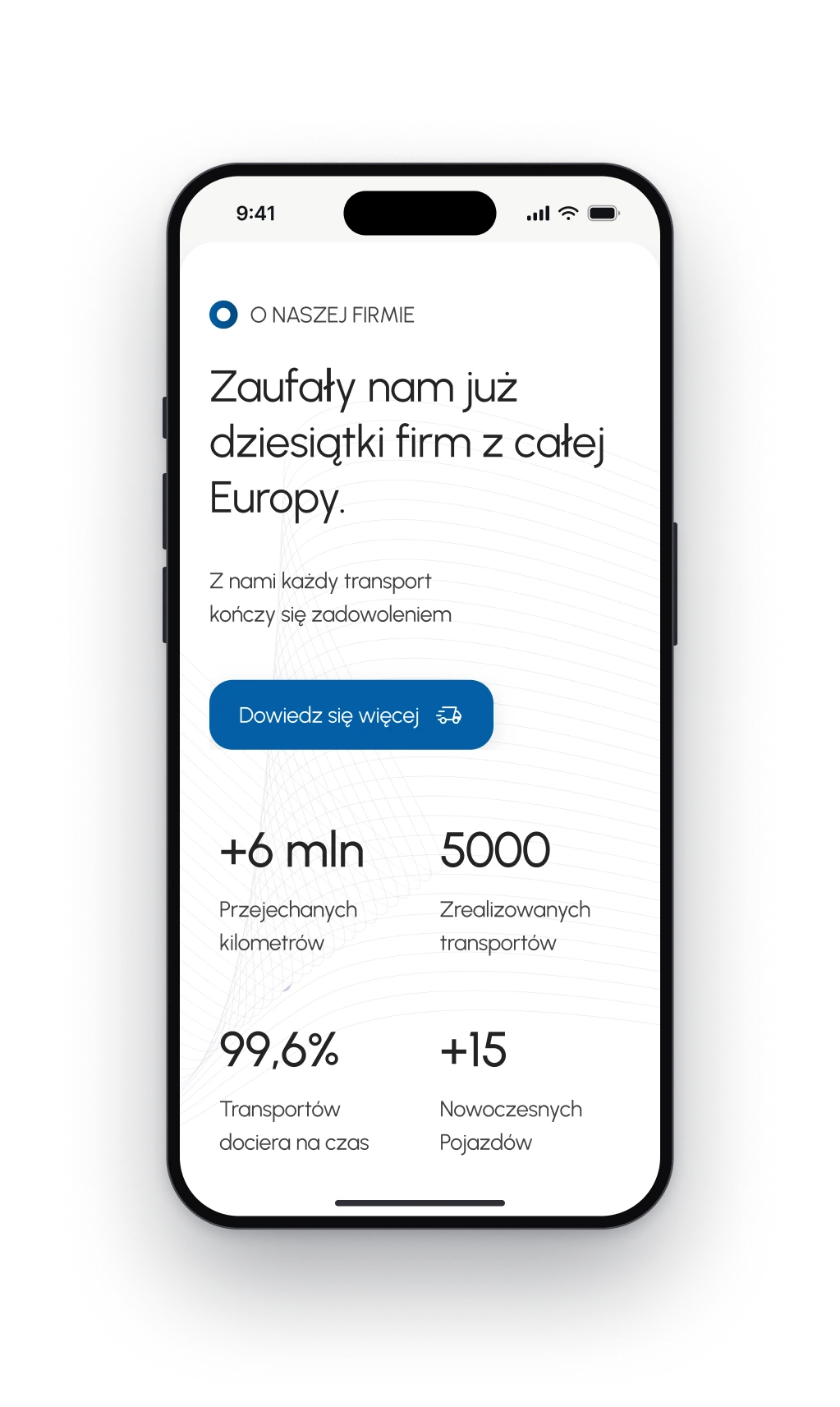 The company in numbers on a phone, a heading about the trust of companies from all over Europe, a button to learn more and four figures for kilometres, transports, punctual deliveries and vehicles