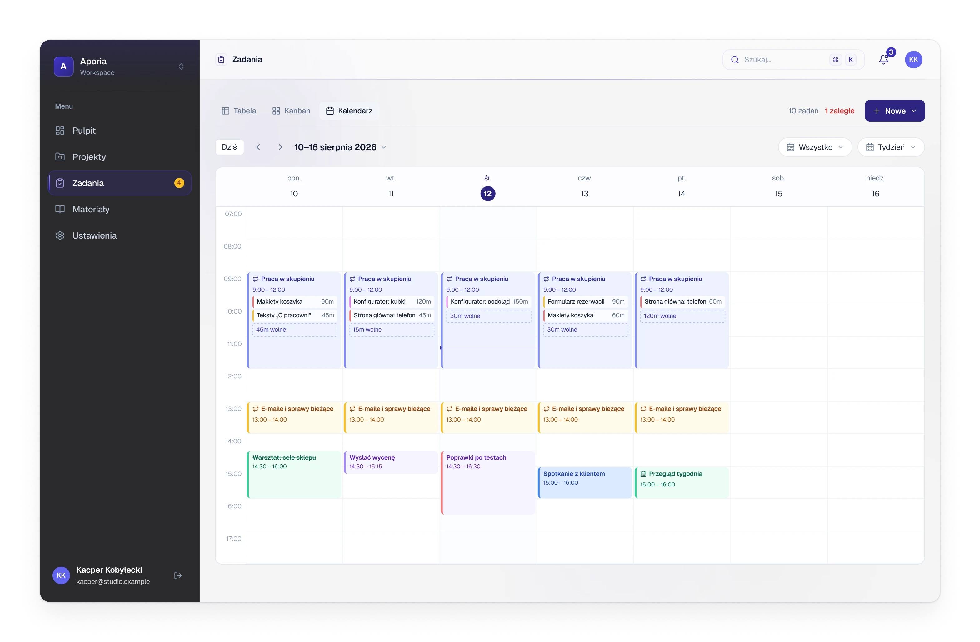 A week in the calendar with repeating sessions, tasks pinned into them and meetings