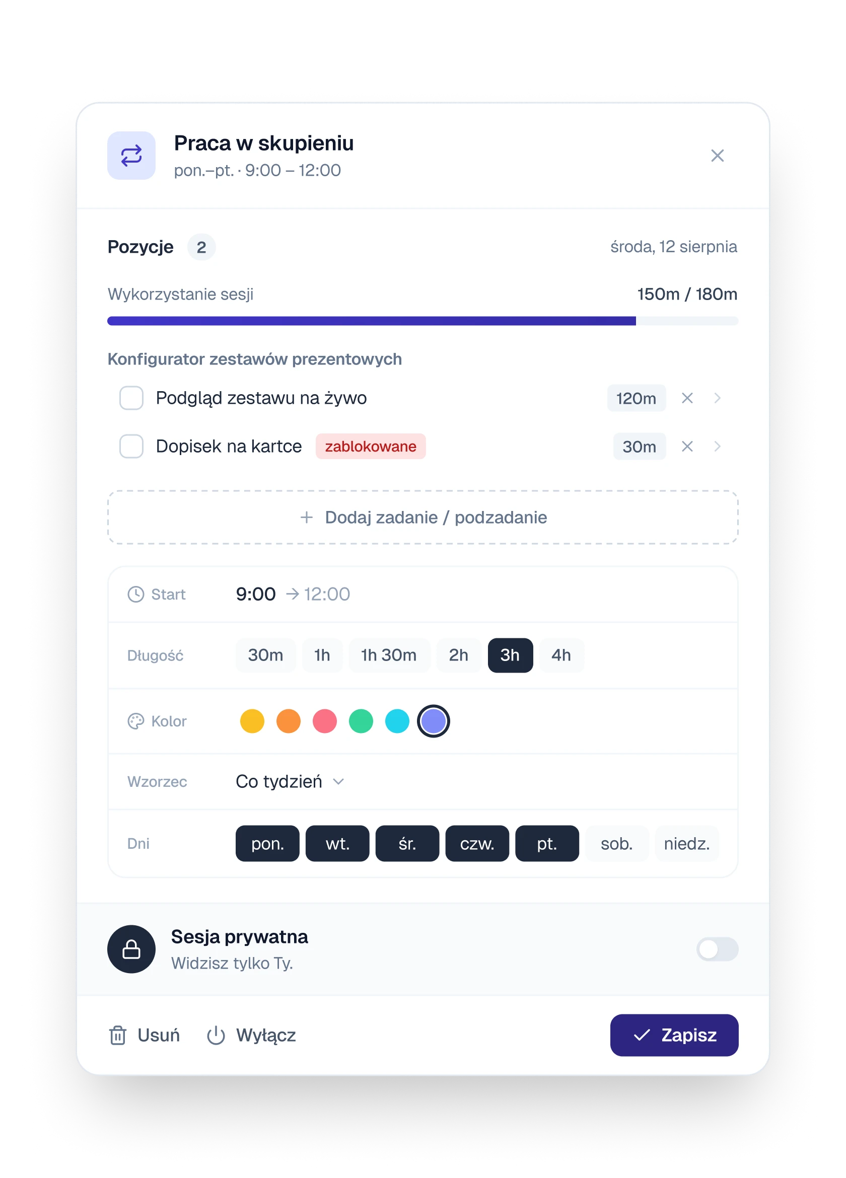 A session window with pinned steps, a usage meter, length, colour and the days it repeats on