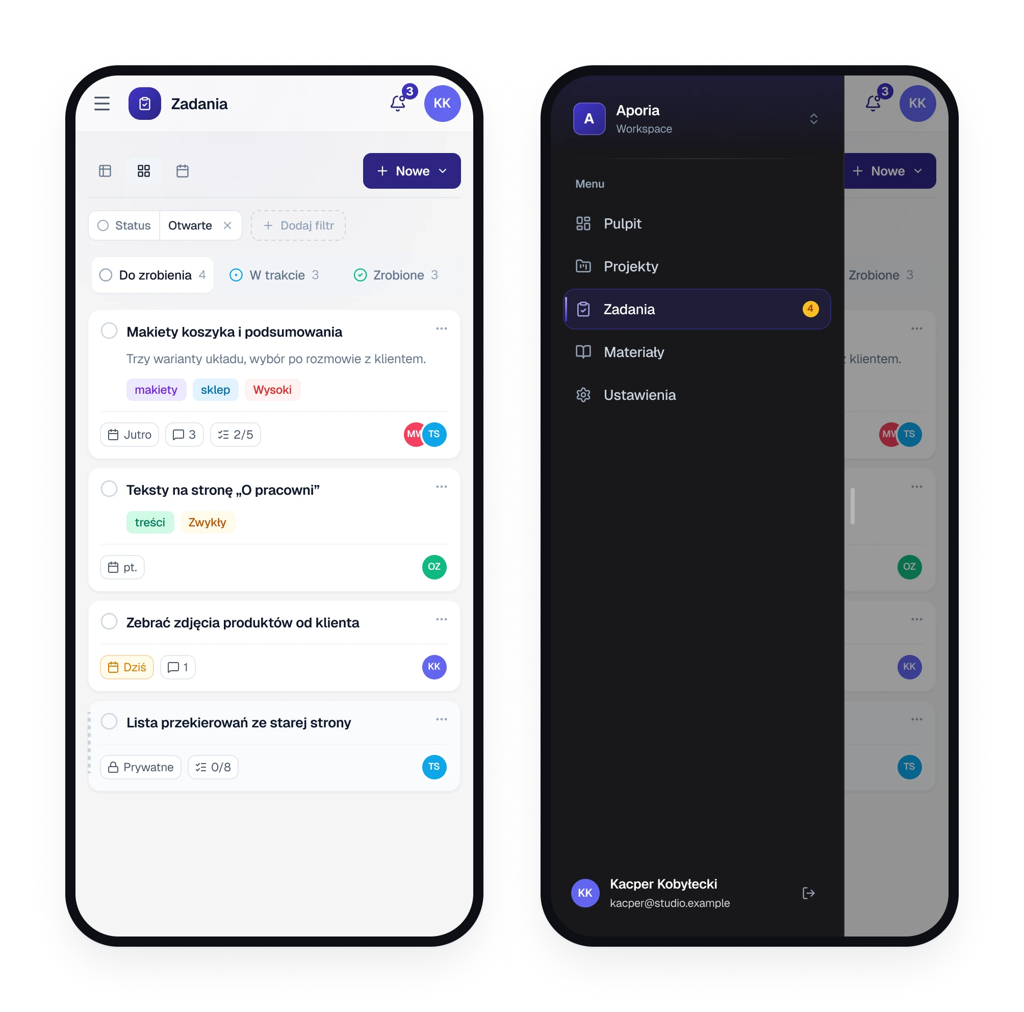 Two phone screens, the task board with one column and the menu opened as a sheet