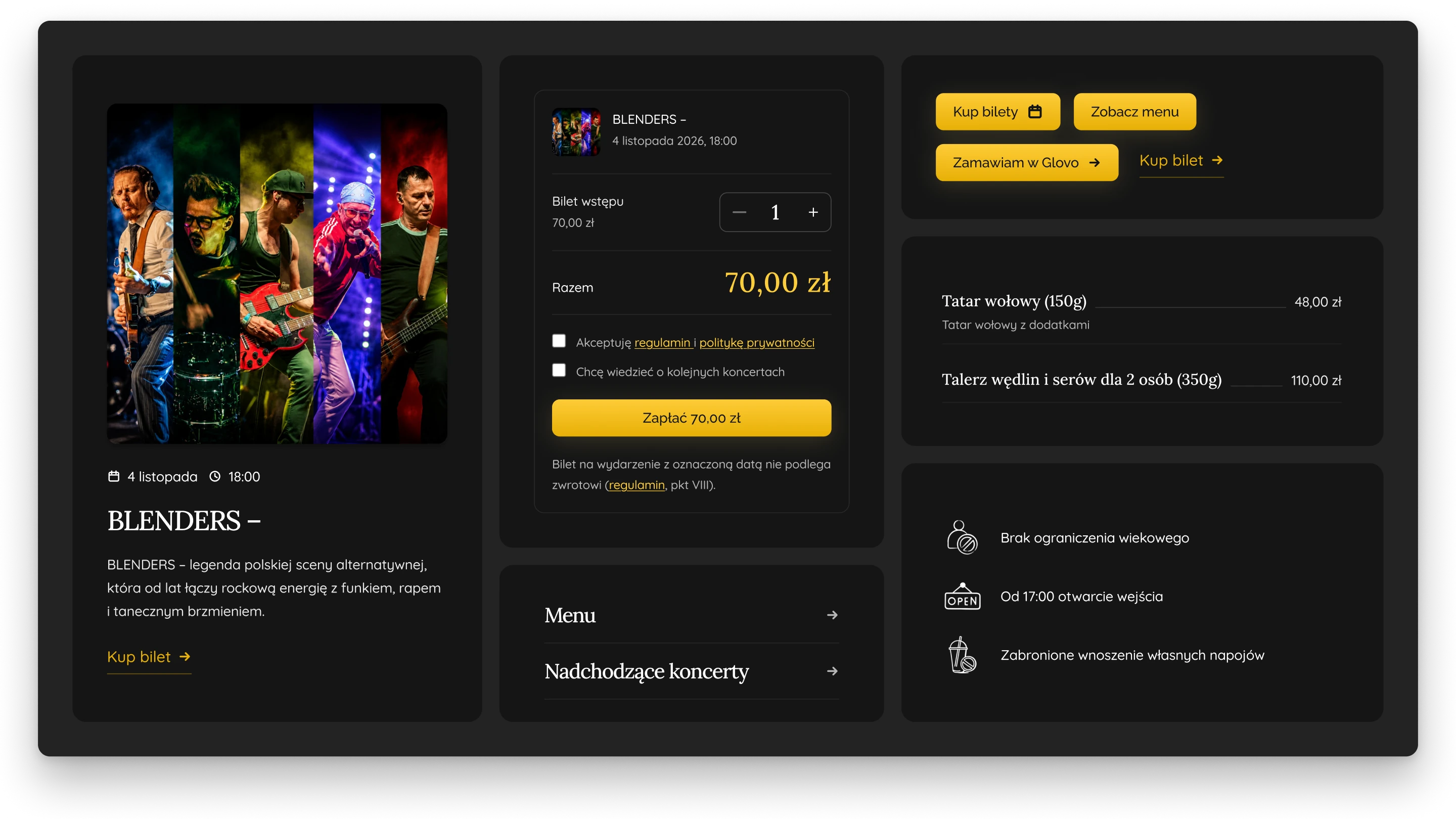 A board of parts from the site, with a concert card, the order summary with a ticket counter and a pay button, navigation rows, four buttons, two menu rows and three concert rules with icons
