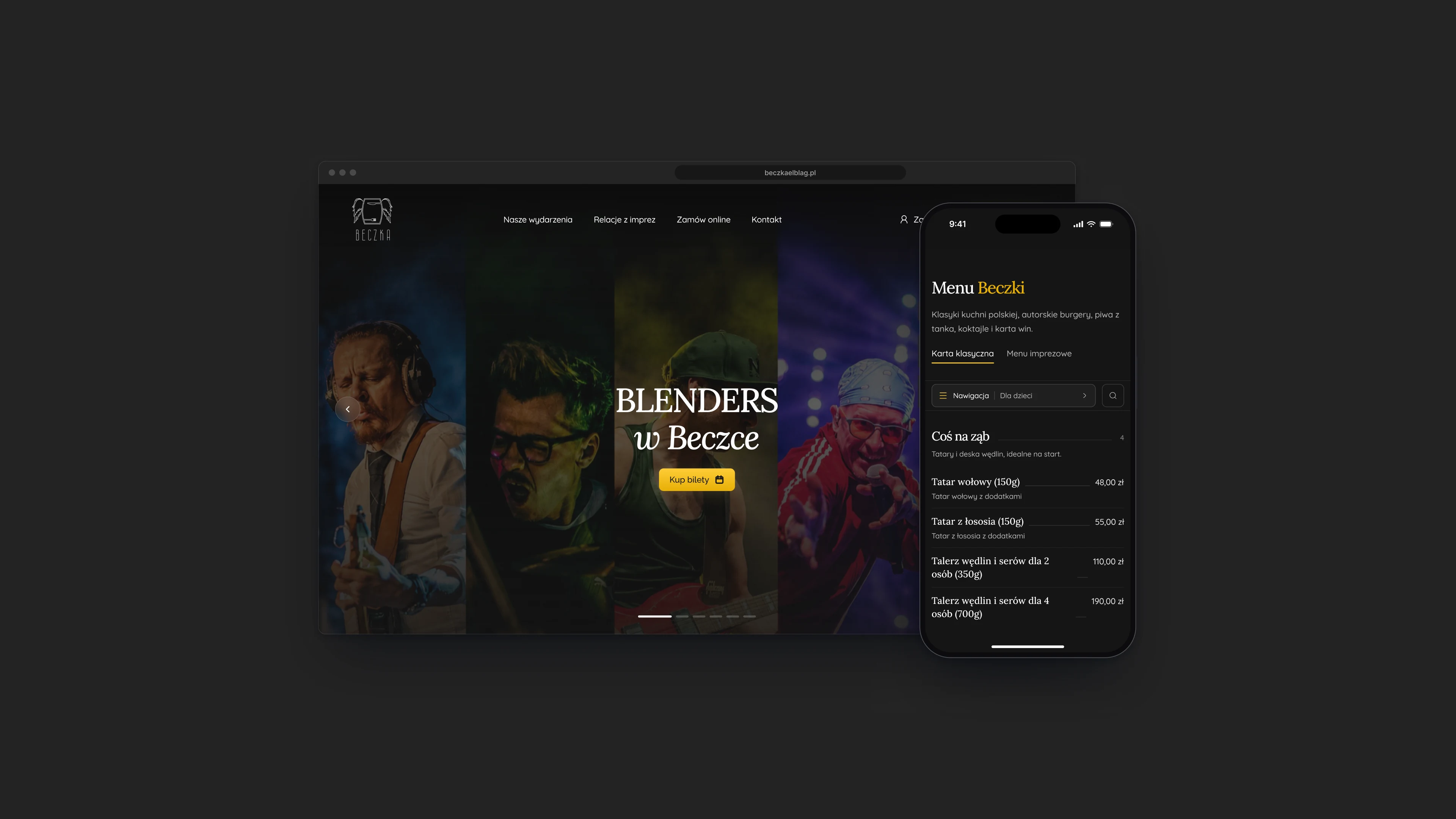 The Beczka home page in a browser window, with a concert poster of musicians in coloured stage light and a button for tickets, and the menu on a phone, on a dark grey background