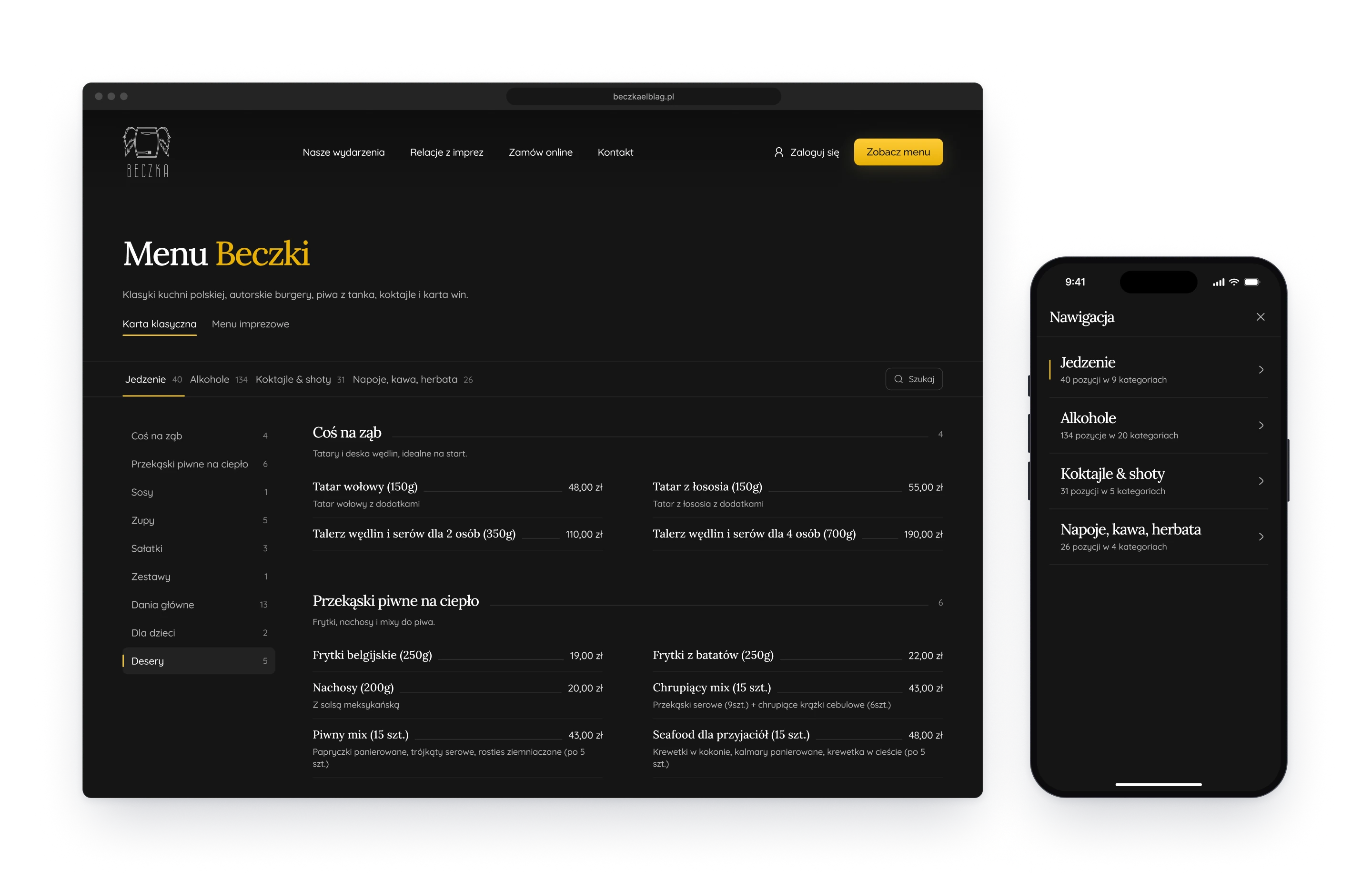 The menu in a browser window, with four parts and their counts, a list of sections on the left and dishes with prices in two columns, next to the list of the four parts on a phone