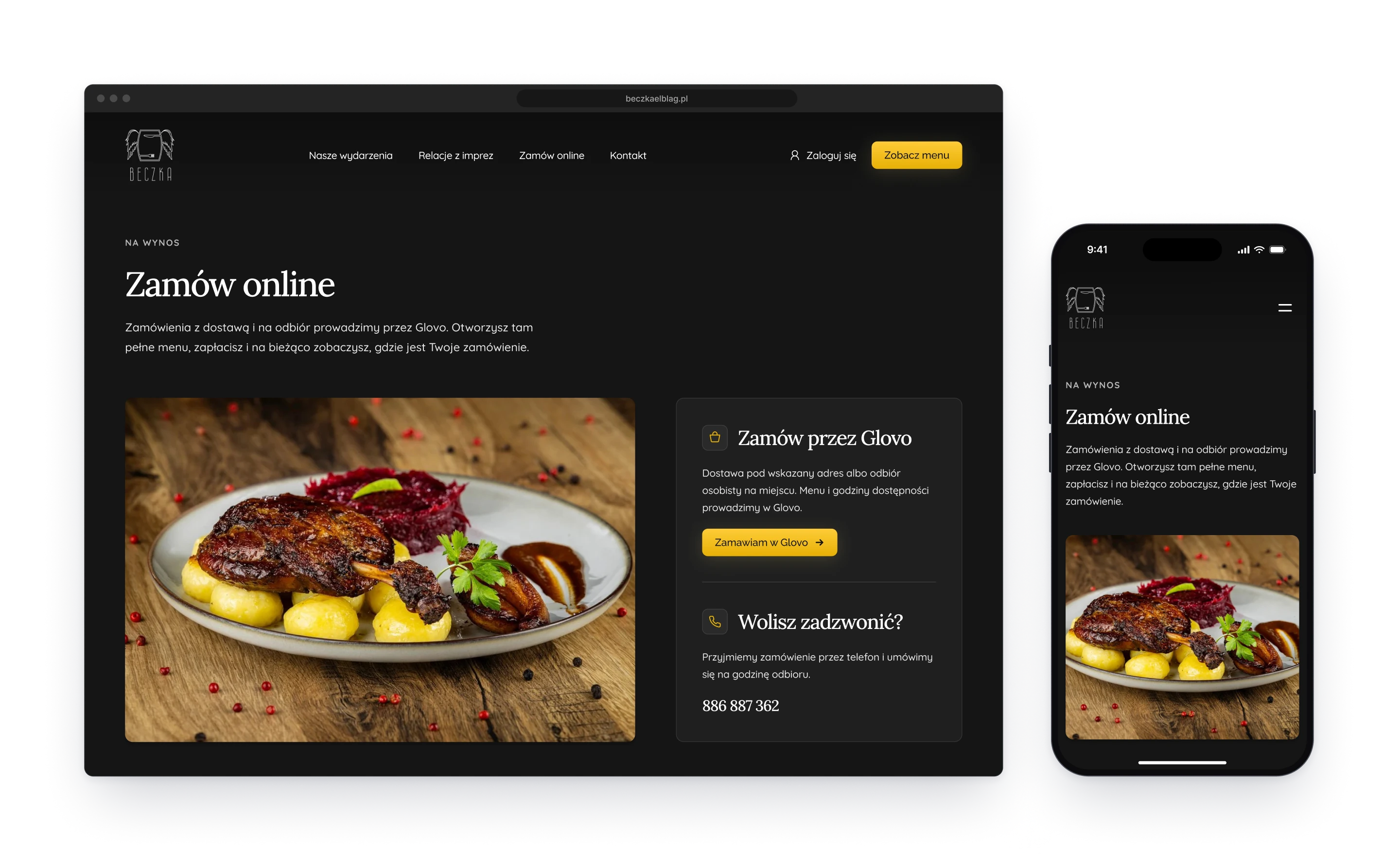 The page for ordering online in a browser window, with a photograph of a dish and a card with a button to order and a phone number, next to the same page on a phone