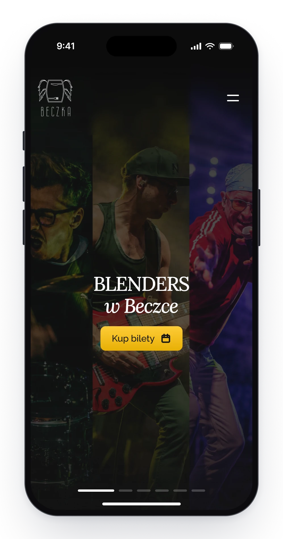 The home page on a phone, a concert poster with the name of the band and a button that says buy tickets