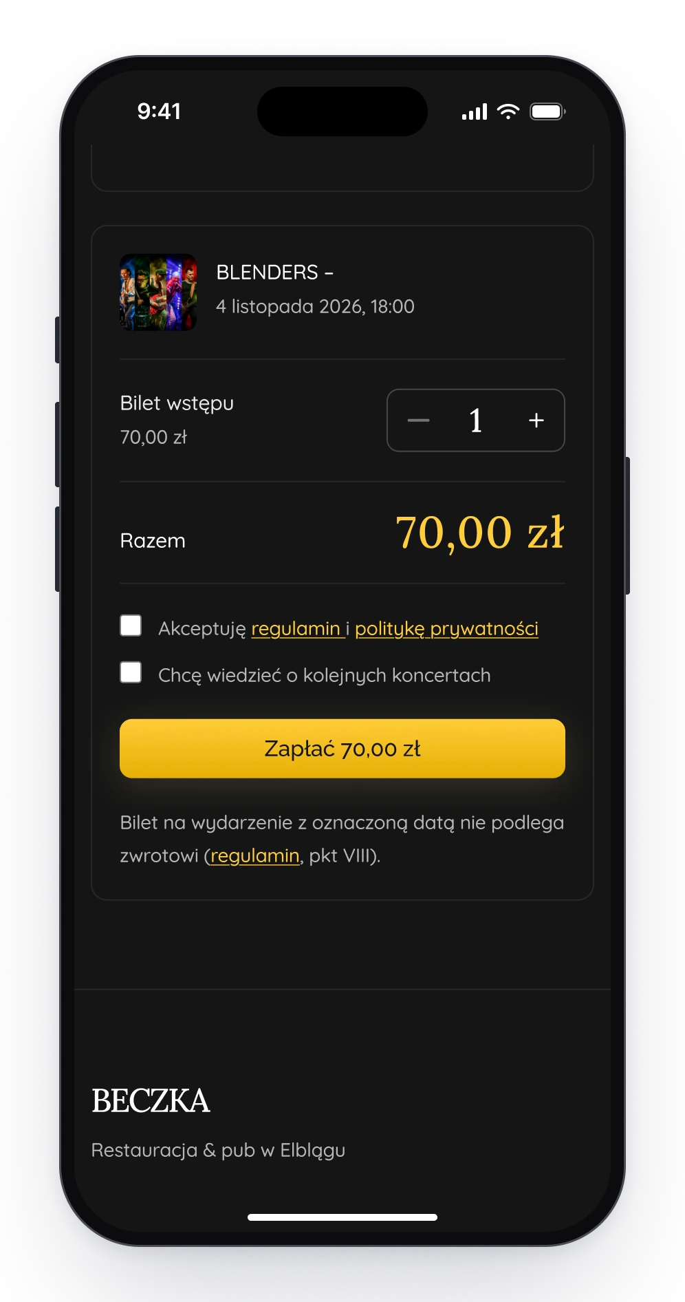 The order on a phone, with the concert, the number of tickets, the total, two consents and a button to pay