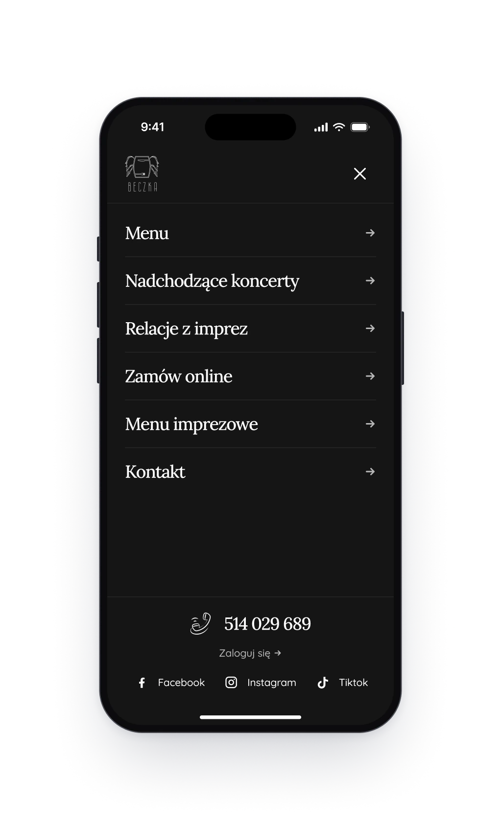 The navigation on a phone, with six links, the phone number for reservations, a link to sign in and three social links