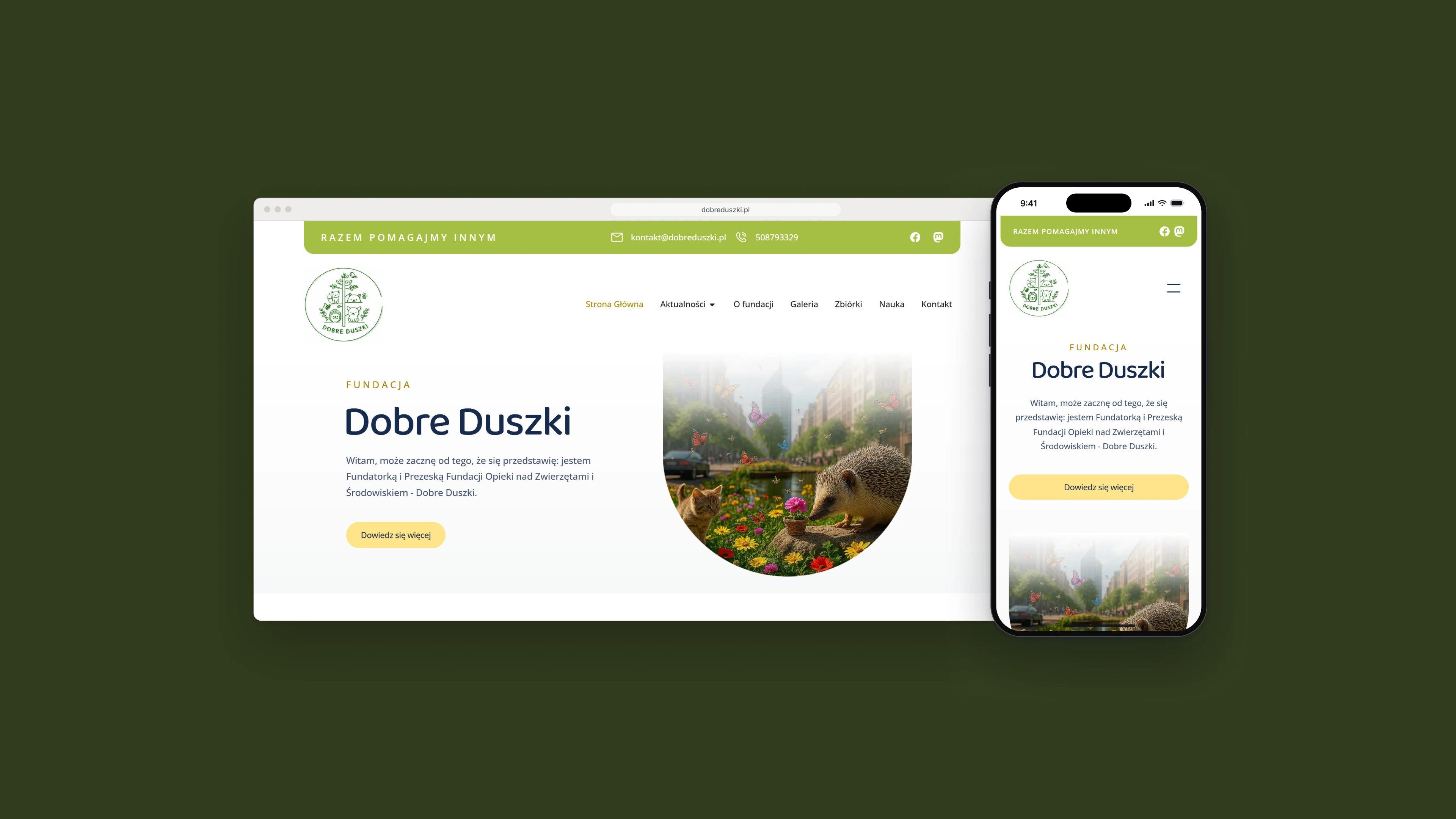 The Dobre Duszki home page in a browser window, a green bar with the contact details, the round logo, the heading Dobre Duszki and an illustration of a hedgehog and a cat among flowers in a city, next to the same page on a phone, on a dark green background