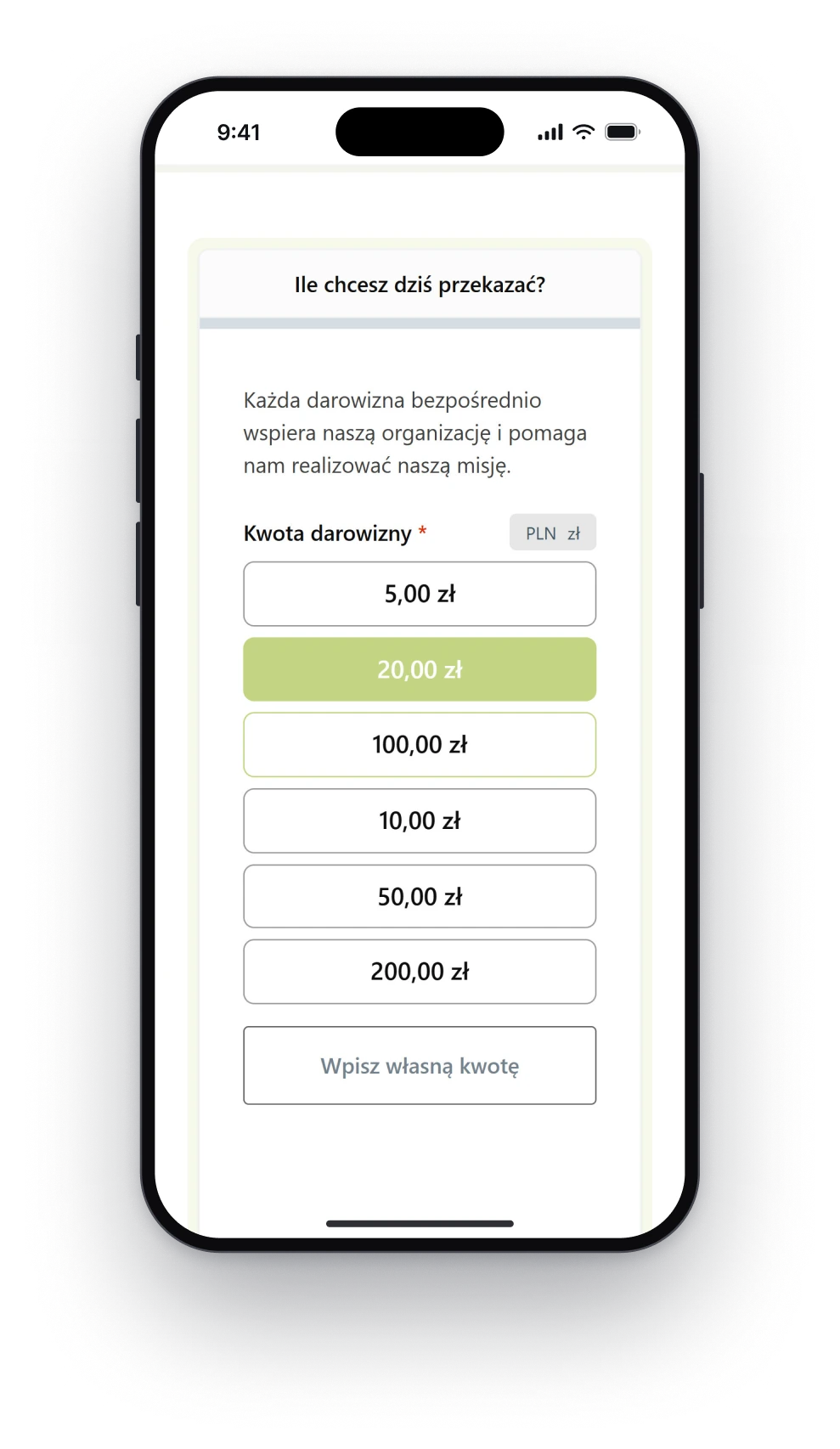 The donation form on a phone, a question about how much you want to give today, six amounts with twenty zlotys selected and a field for your own amount