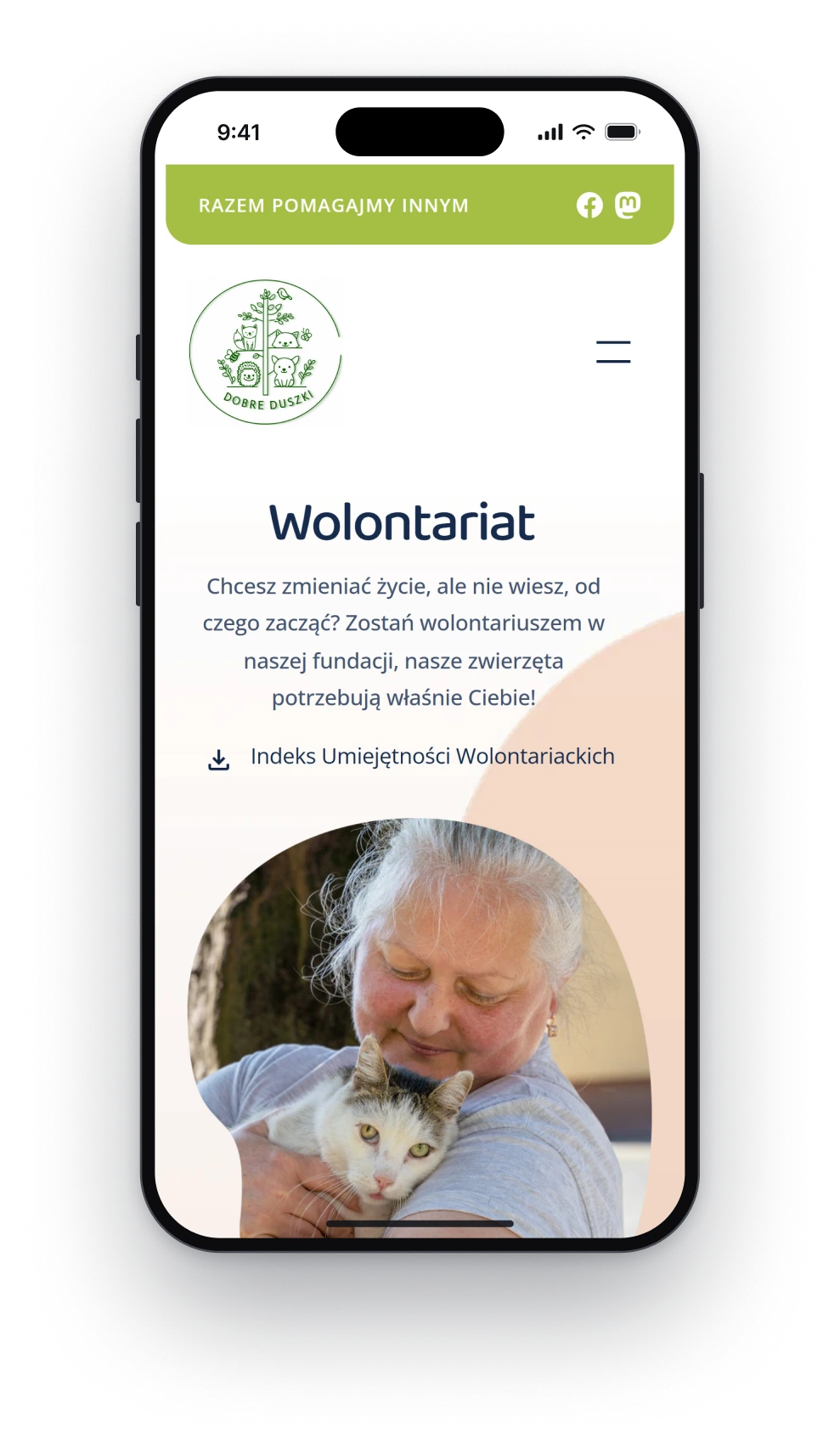 The volunteering page on a phone, the heading Volunteering, an invitation to become a volunteer and a photograph of a woman hugging a cat