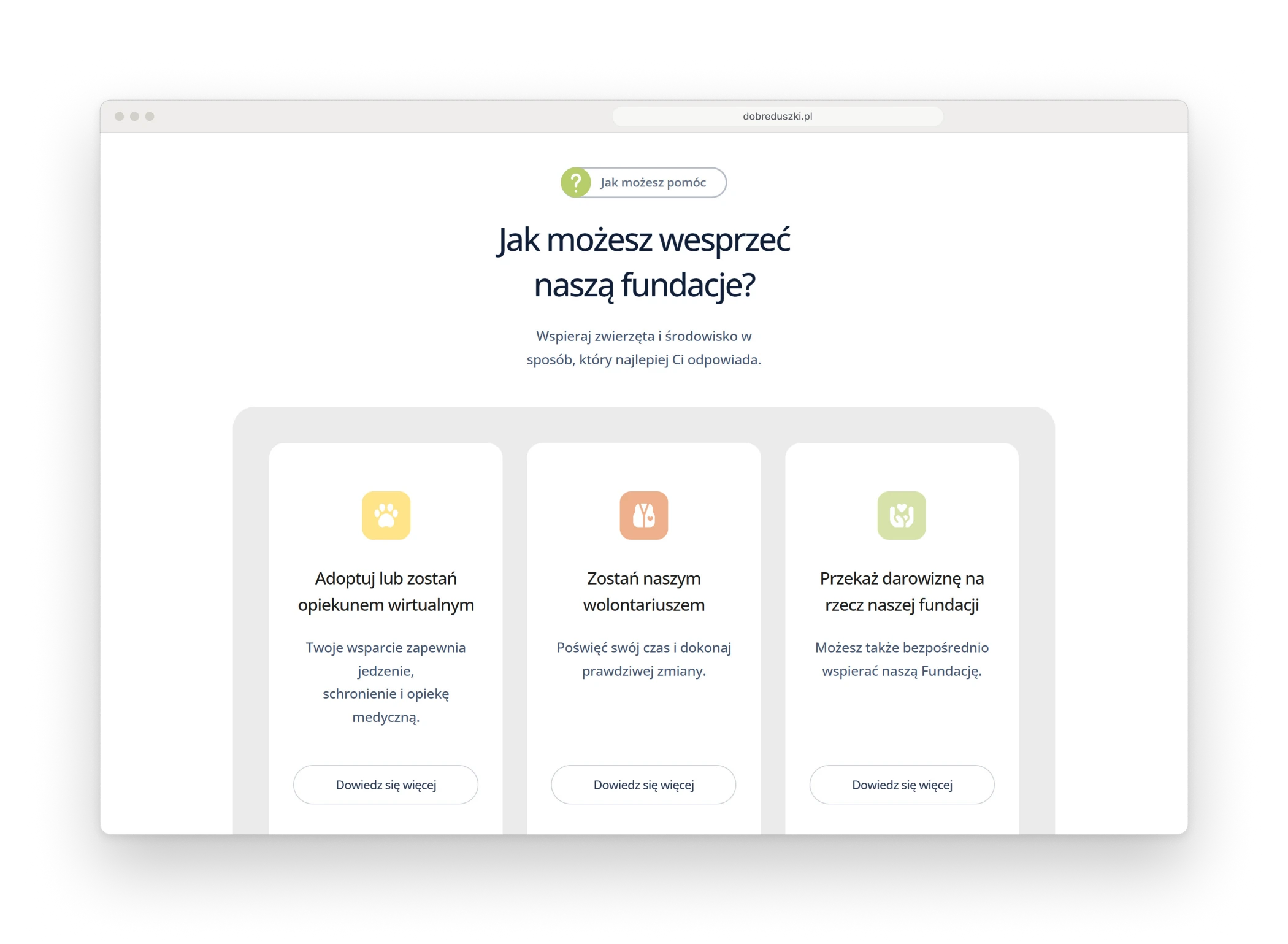 The support section in a browser window, a heading asking how you can support the foundation and three cards, to adopt or become a virtual guardian, to become a volunteer and to make a donation, each with a button to learn more