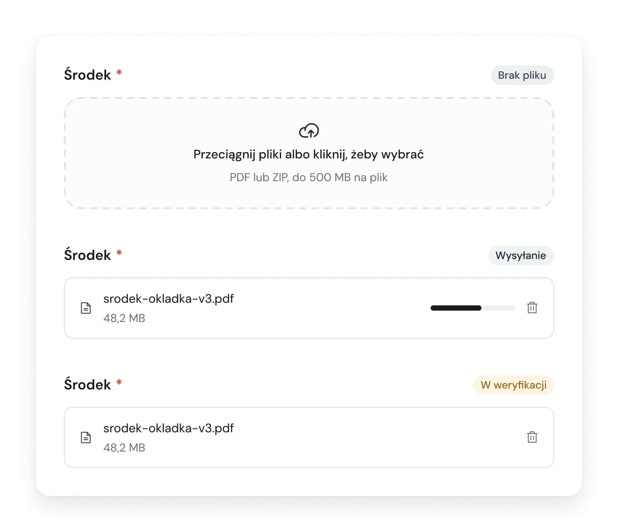 Three states of a file slot, empty, uploading and being checked