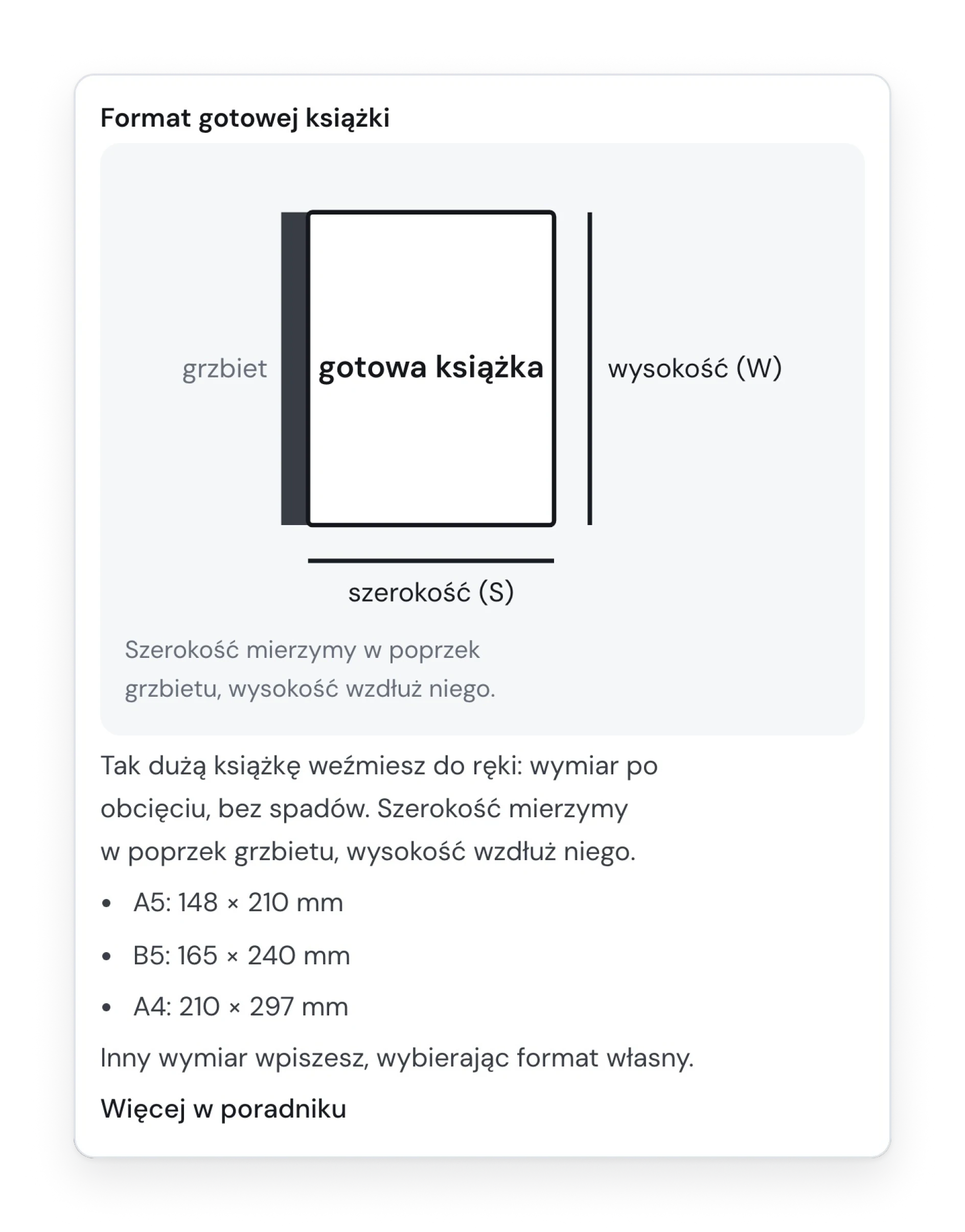A hint bubble explaining the format of a finished book with a drawing and a list of sizes