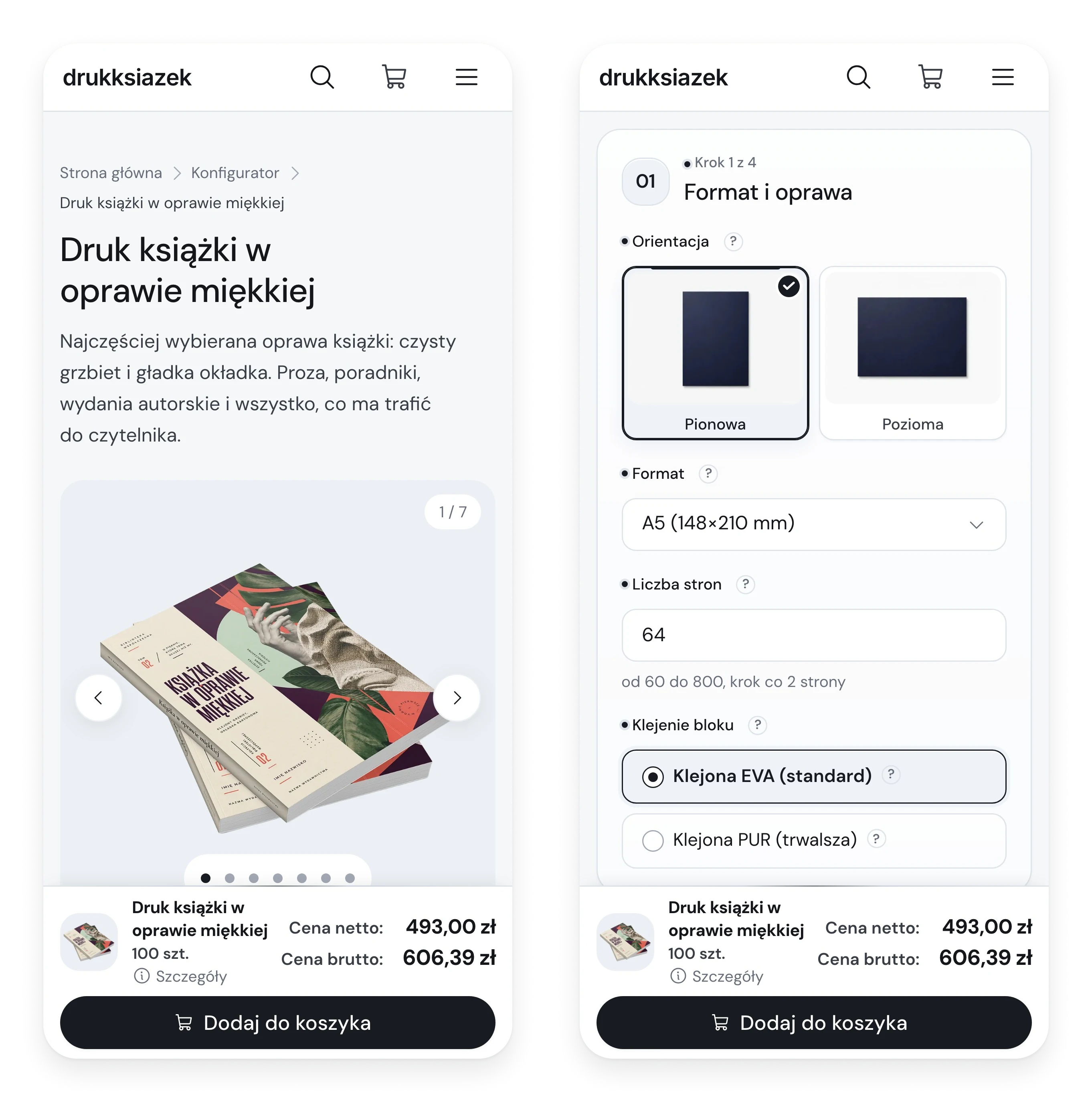 Two phone screens of the configurator, the product page and step one with the price bar