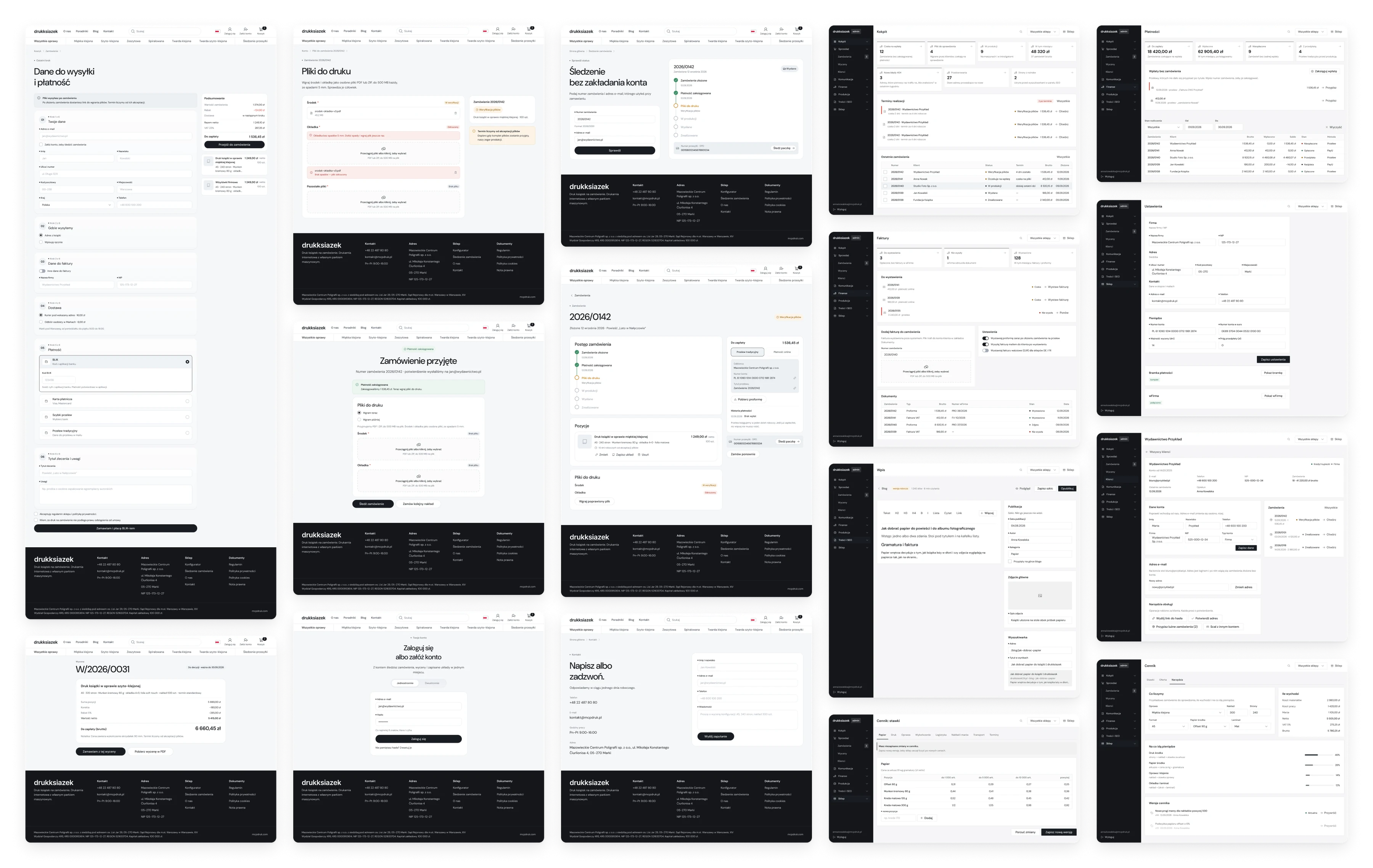 Sixteen desktop screens from the Figma file in five even columns, store screens on the left and admin panel screens on the right