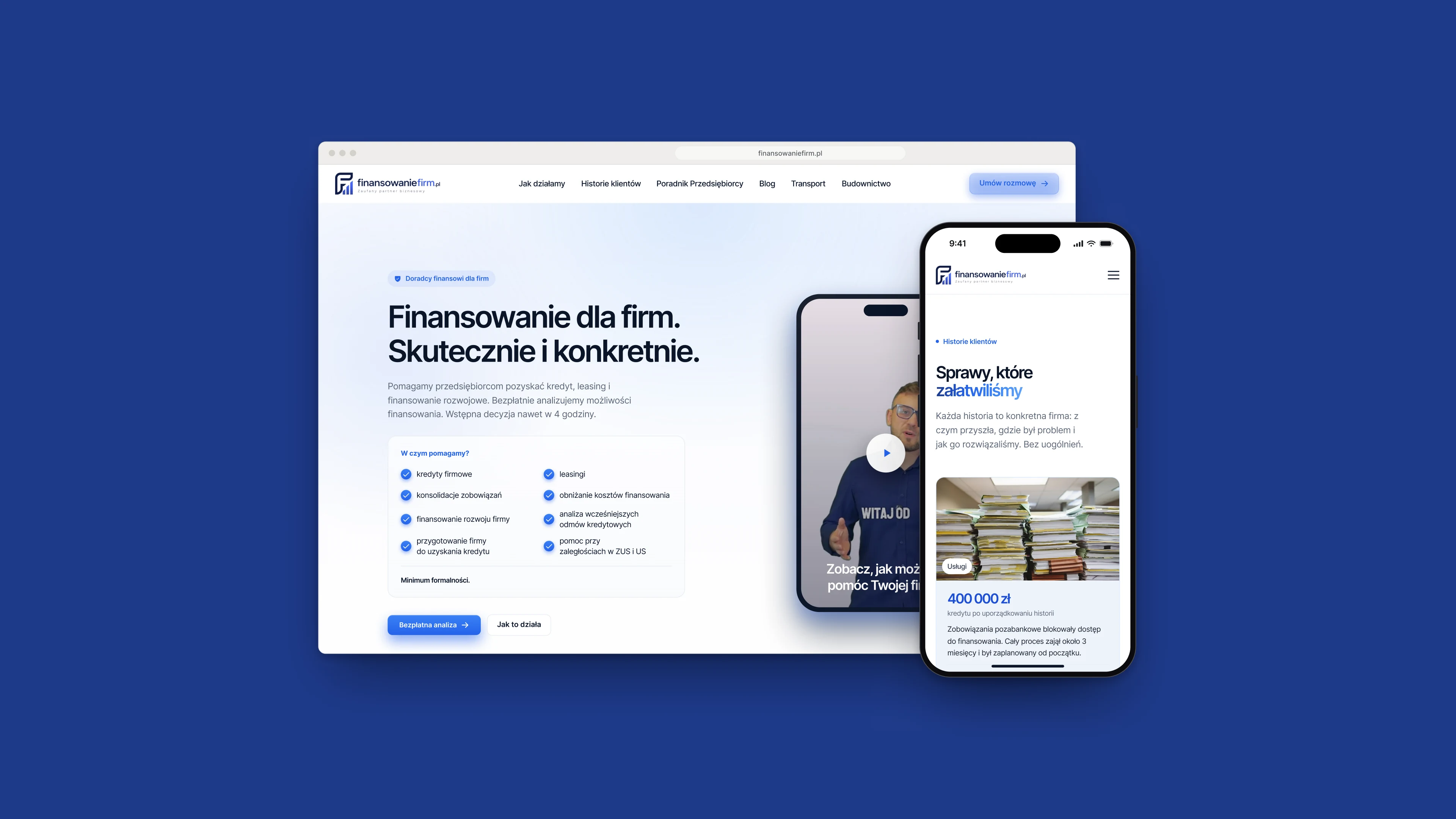 The Finansowanie Firm home page in a browser window and the client stories on a phone, on a blue background