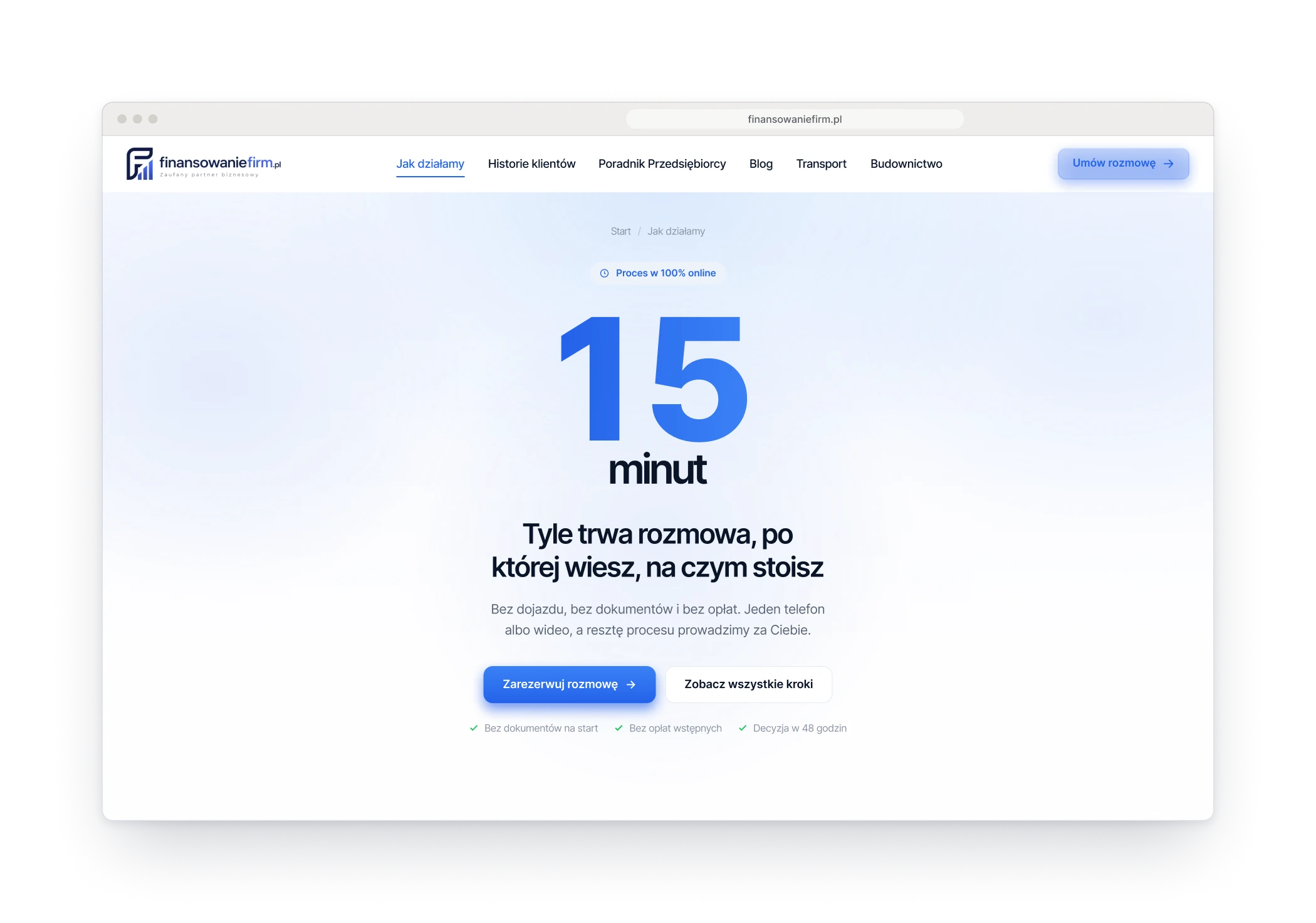 The process page in a browser window, opening with a large number 15 and a line saying that the first call takes fifteen minutes
