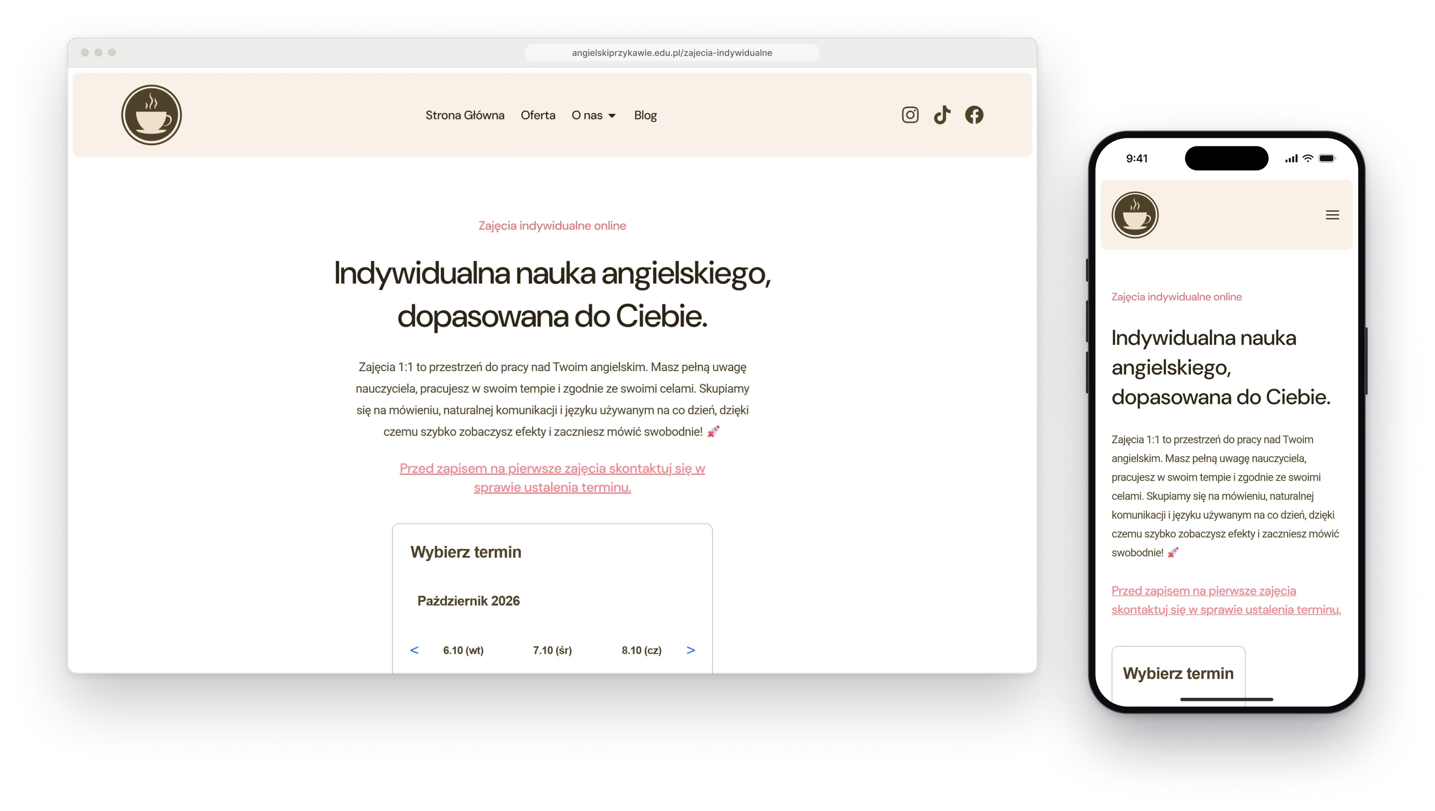 Podstrona zajęć indywidualnych w oknie przeglądarki, nagłówek o indywidualnej nauce angielskiego, krótki tekst i kalendarz z wyborem terminu, obok ta sama podstrona na telefonie