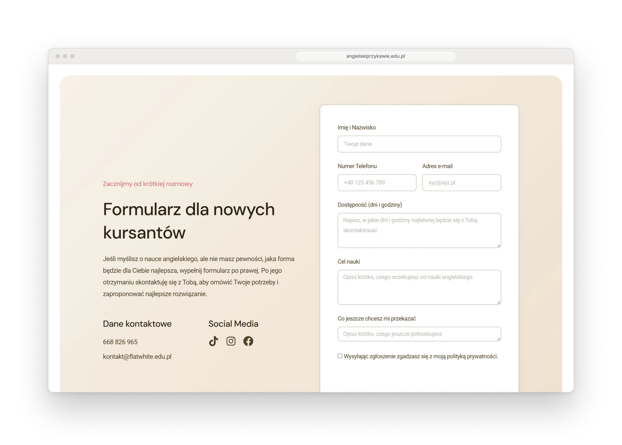 Formularz dla nowych kursantów w oknie przeglądarki, po lewej nagłówek i krótkie zaproszenie z numerem telefonu i adresem e-mail, po prawej pola na imię, telefon, e-mail, dogodne dni i godziny oraz cel nauki