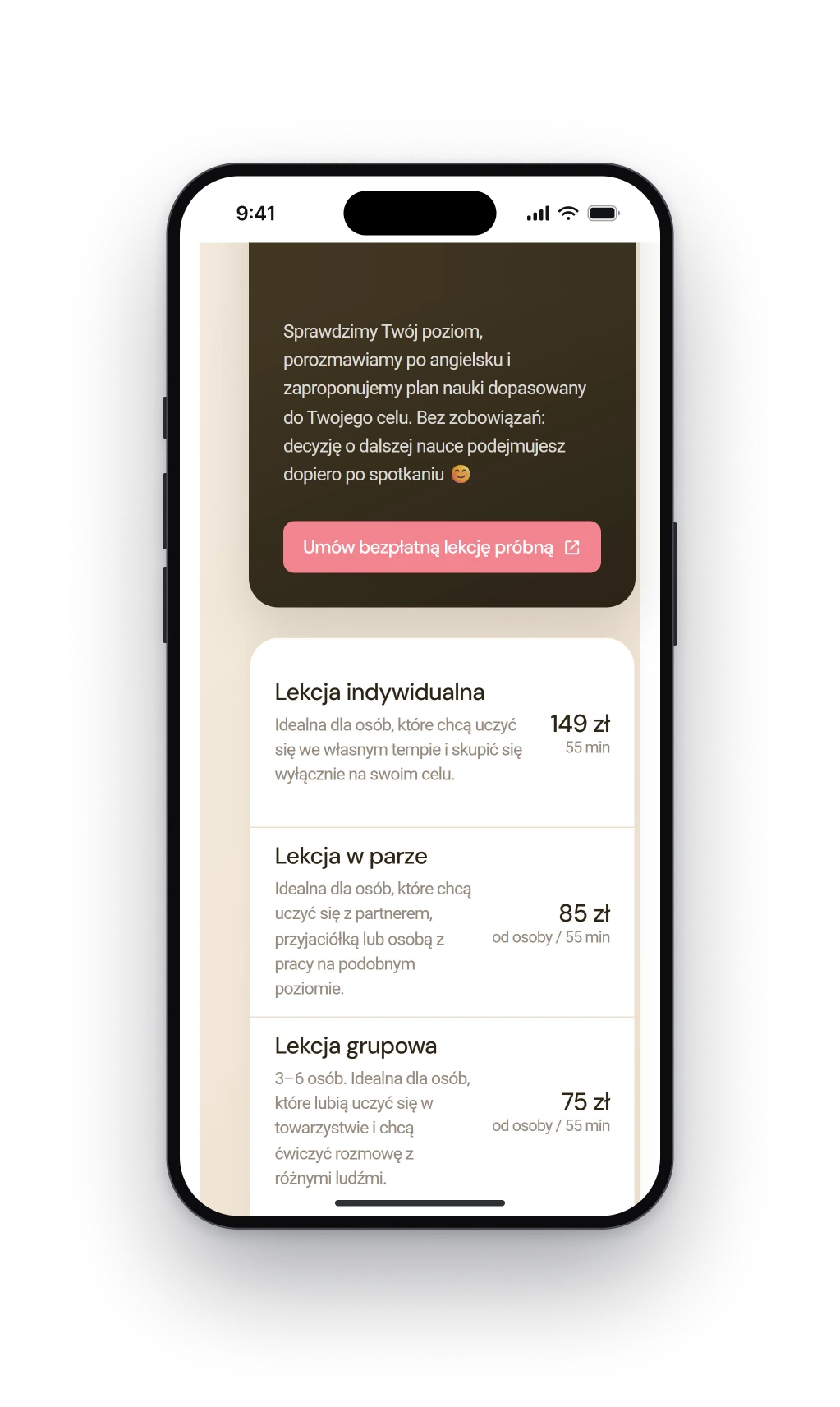 Oferta na telefonie, koniec ciemnej karty lekcji próbnej z różowym przyciskiem zapisu, a pod nią lista trzech rodzajów lekcji, czyli indywidualnej, w parze i grupowej, każda z ceną
