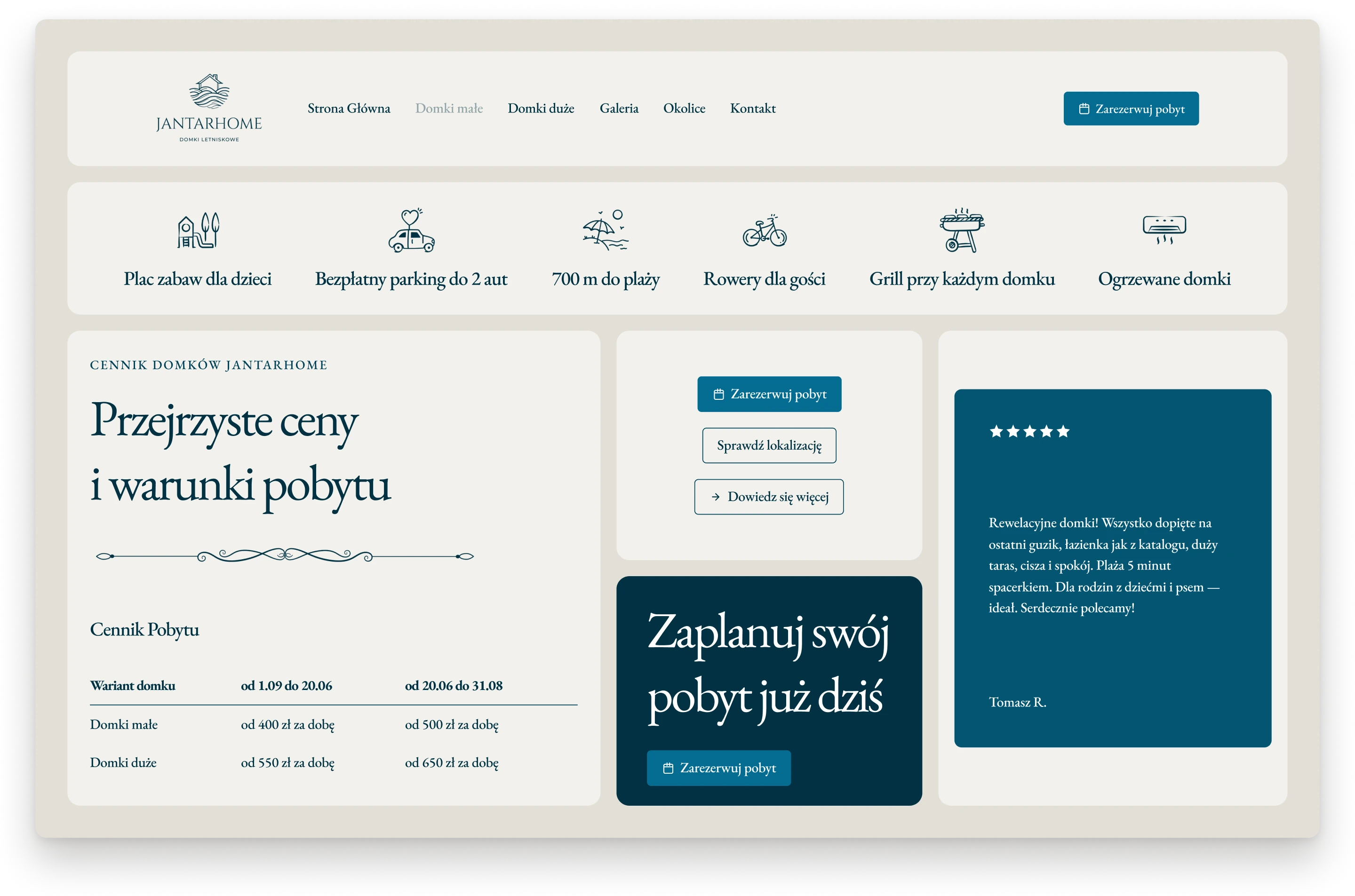 A board of parts from the site, with the navigation bar, six amenity icons, a heading with a drawn flourish above the price table, three buttons, the booking block on dark navy and a guest review card