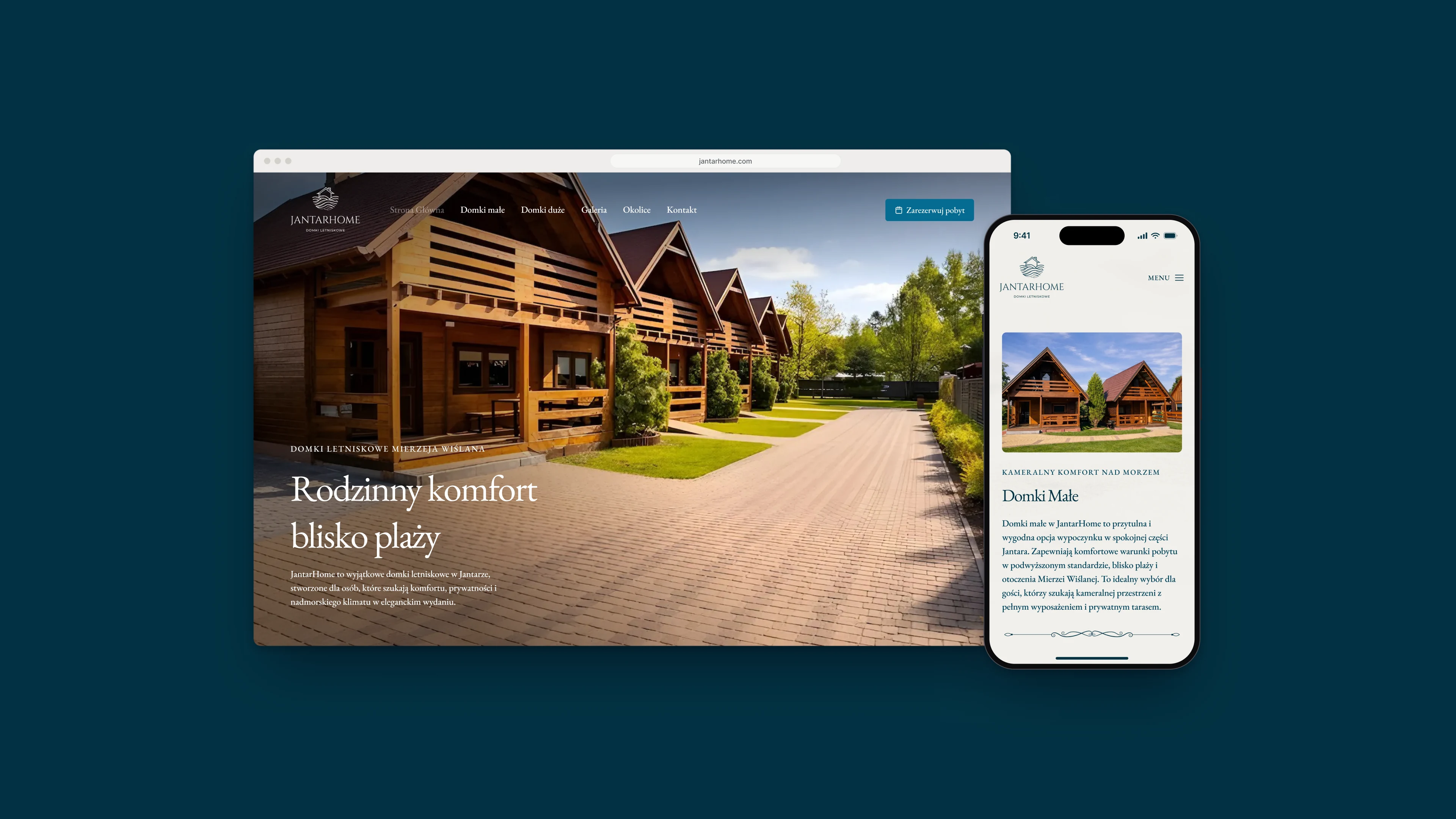 The JantarHome home page in a browser window, a row of wooden cottages along a paved path under a heading about family comfort near the beach, and the page of the small cottages on a phone, on a dark navy background