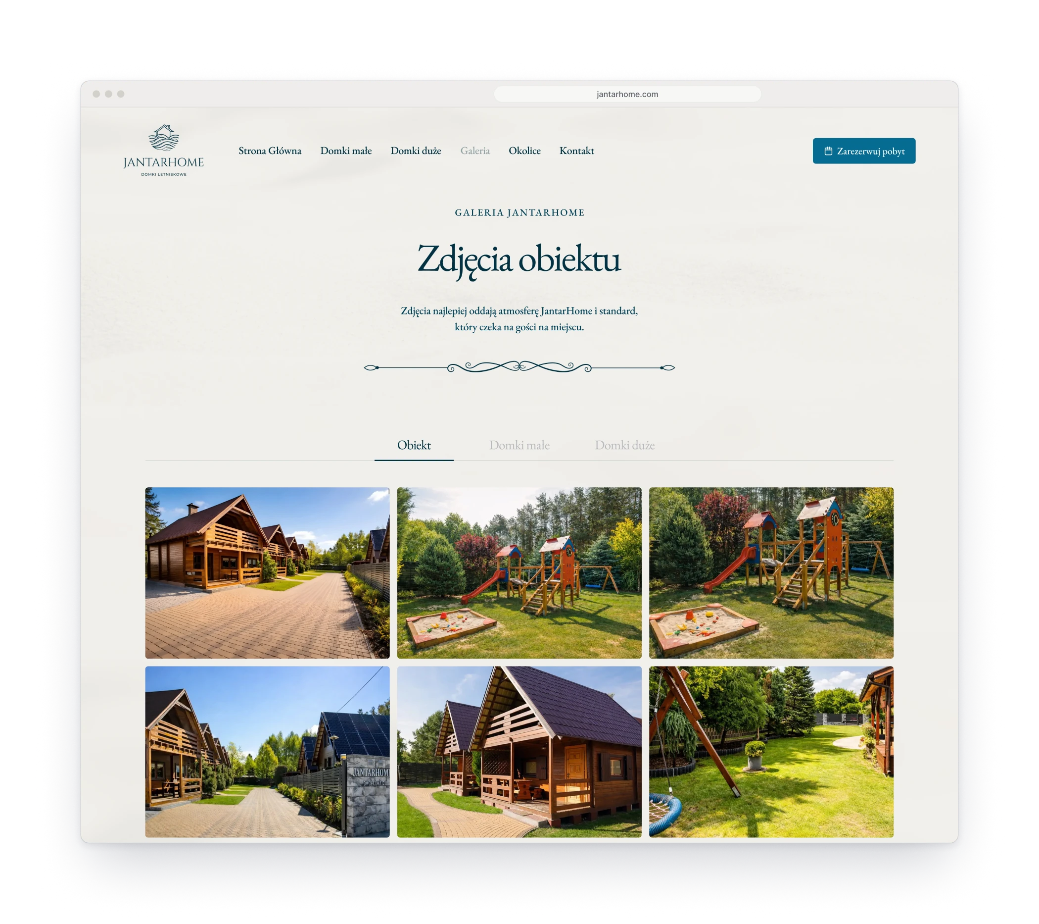 The gallery in a browser window, with three tabs for the grounds, the small cottages and the large ones, and two rows of photographs of wooden cottages, a playground and a garden