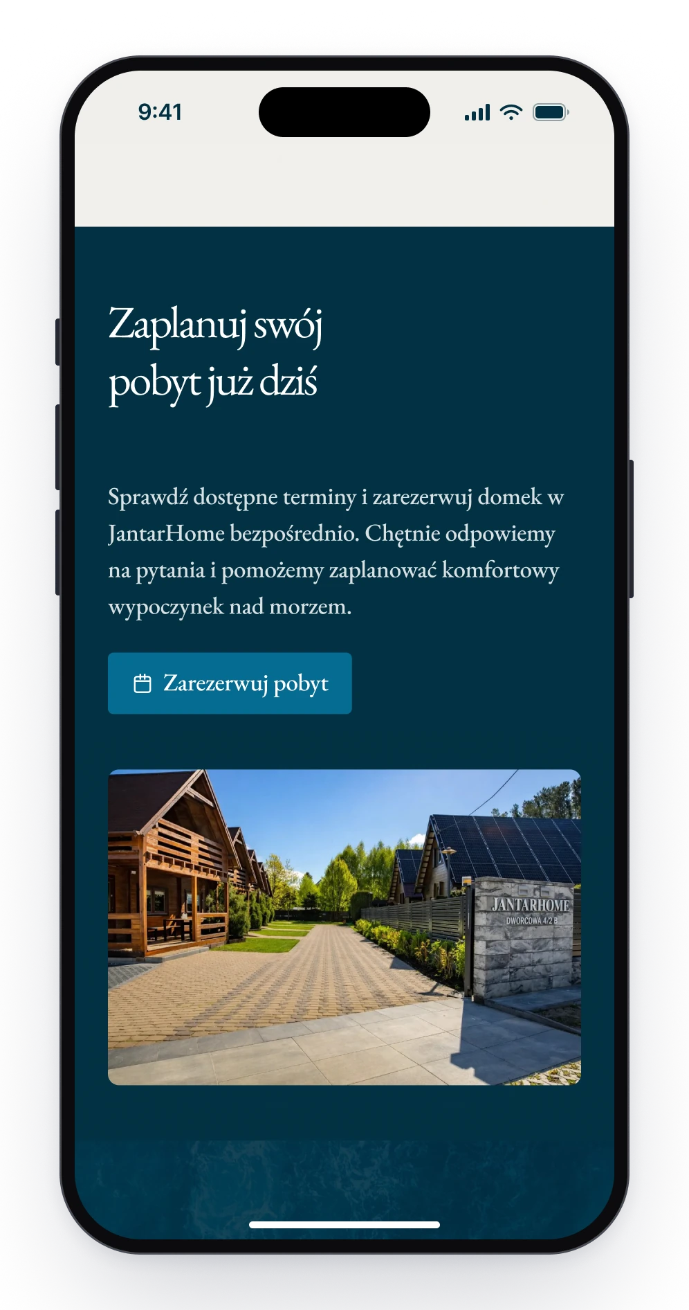 The end of a cottage page on a phone, a dark block that says plan your stay today, with a button to book and a photograph of the cottages