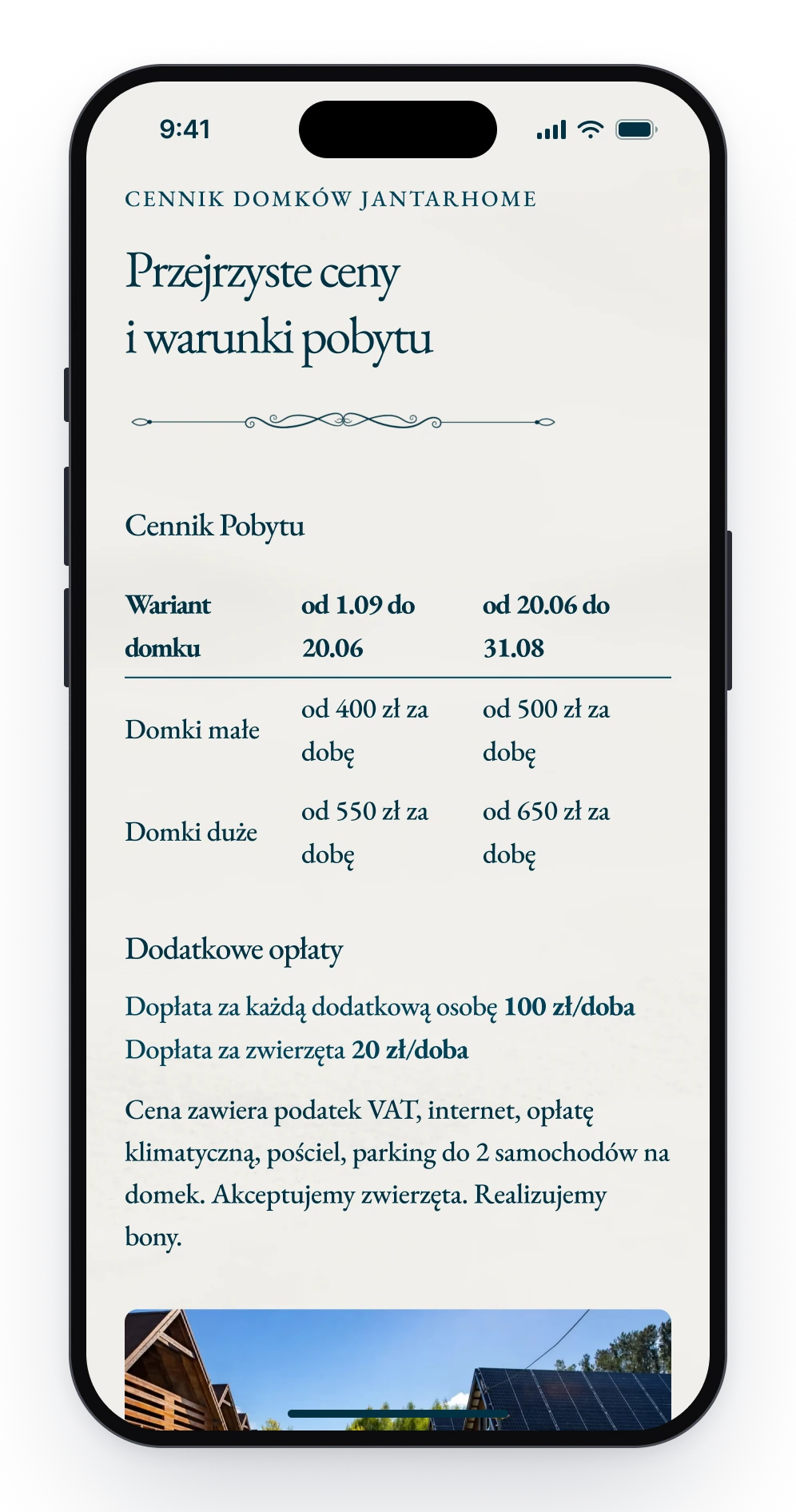 The price list on a phone, a table with two kinds of cottage in two seasons, the extra fees and what the price includes