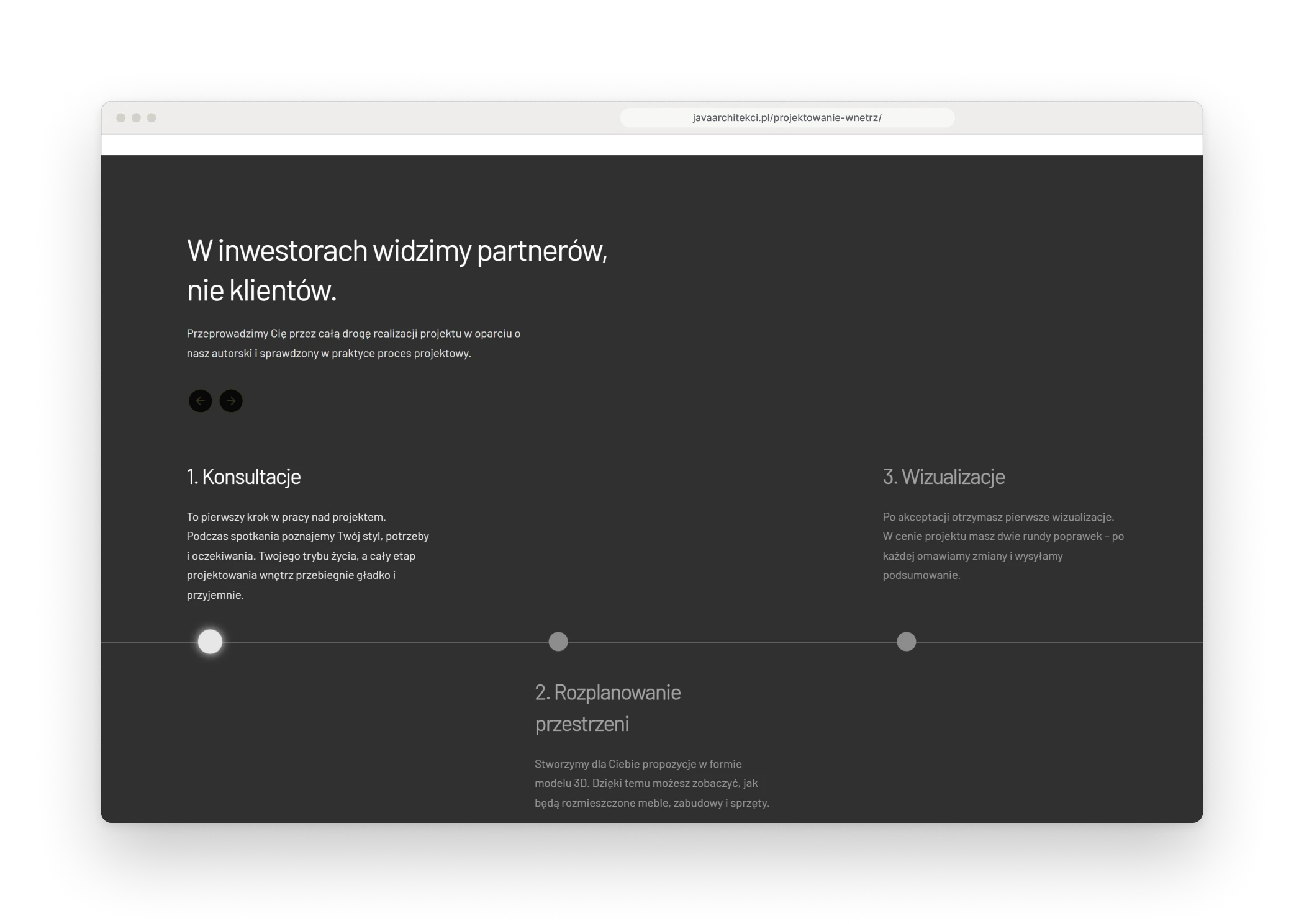 Etapy projektu w oknie przeglądarki, ciemna sekcja z nagłówkiem o traktowaniu inwestorów jak partnerów i oś z trzema pierwszymi etapami, czyli konsultacjami, rozplanowaniem przestrzeni i wizualizacjami