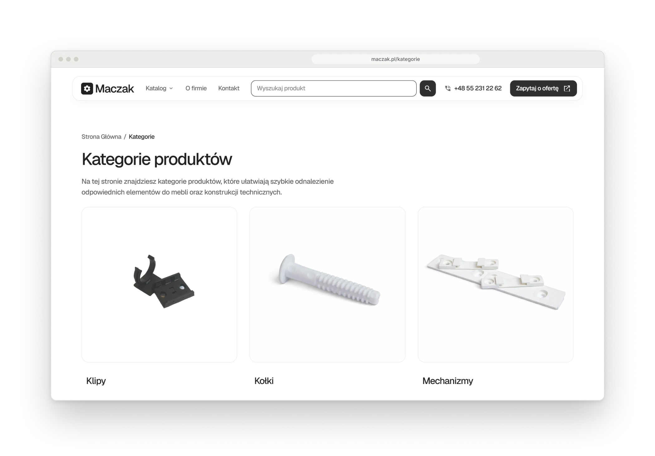 Kategorie produktów w oknie przeglądarki, pasek menu z polem wyszukiwania, nagłówek i trzy duże kafle ze zdjęciami czarnego klipsa, białego kołka i białych okuć, podpisane jako klipy, kołki i mechanizmy