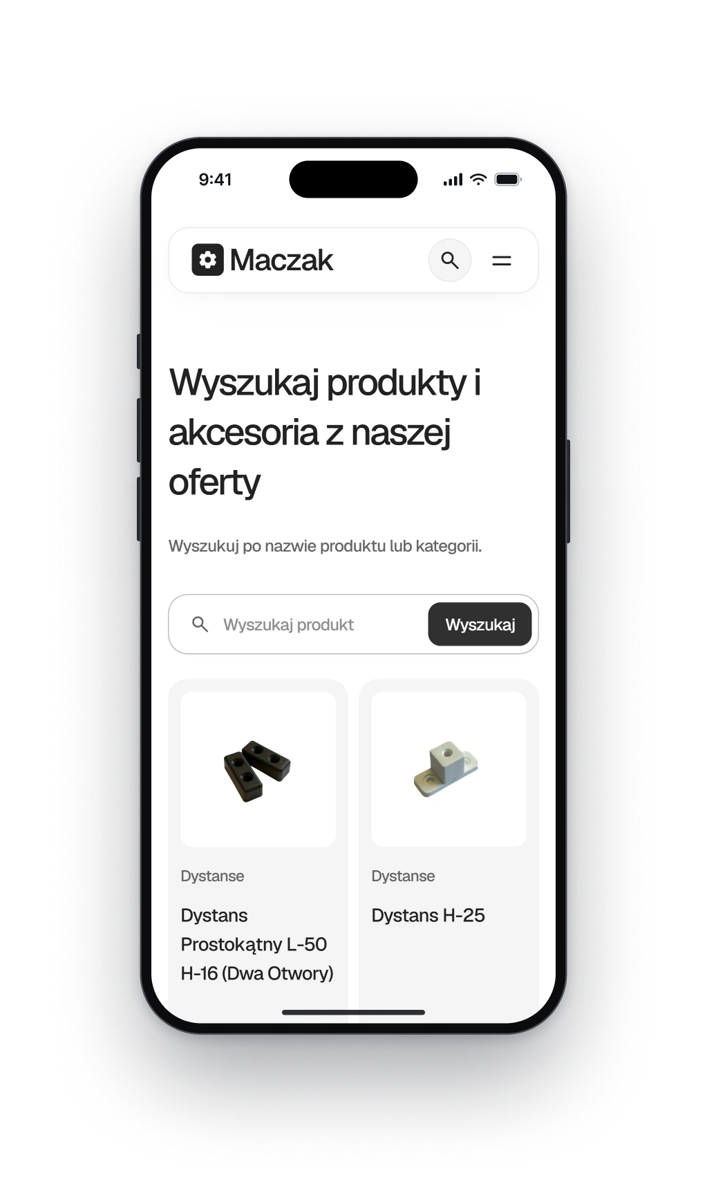 Sekcja wyszukiwania ze strony głównej na telefonie, nagłówek z zachętą do wyszukania produktów i akcesoriów, pole wyszukiwania z przyciskiem i dwie karty produktów z dystansami