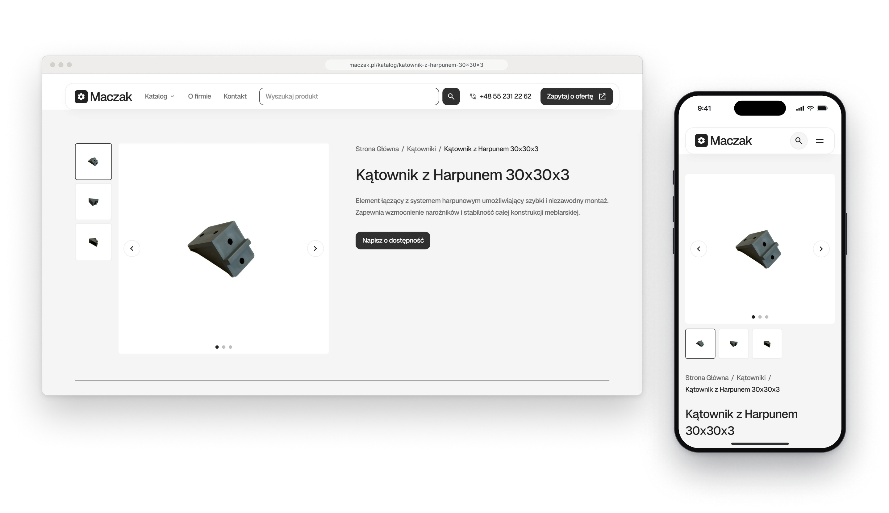 Podstrona produktu w oknie przeglądarki, trzy małe zdjęcia obok dużego zdjęcia szarego kątownika, nazwa produktu, dwa wiersze opisu i przycisk z pytaniem o dostępność, obok ta sama podstrona na telefonie