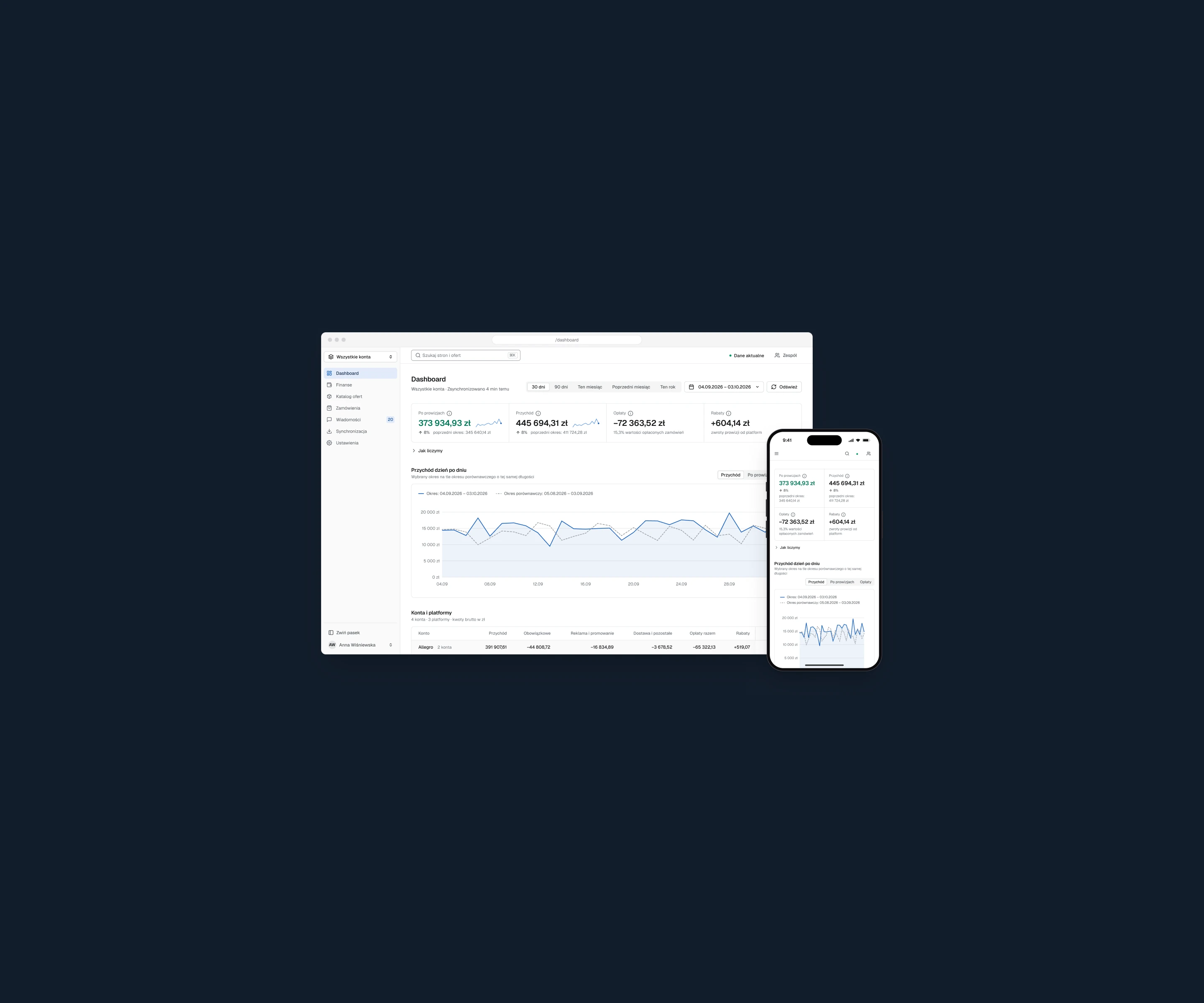 The panel's first screen in a browser window and the same screen on a phone, set in the middle of a tall dark navy background