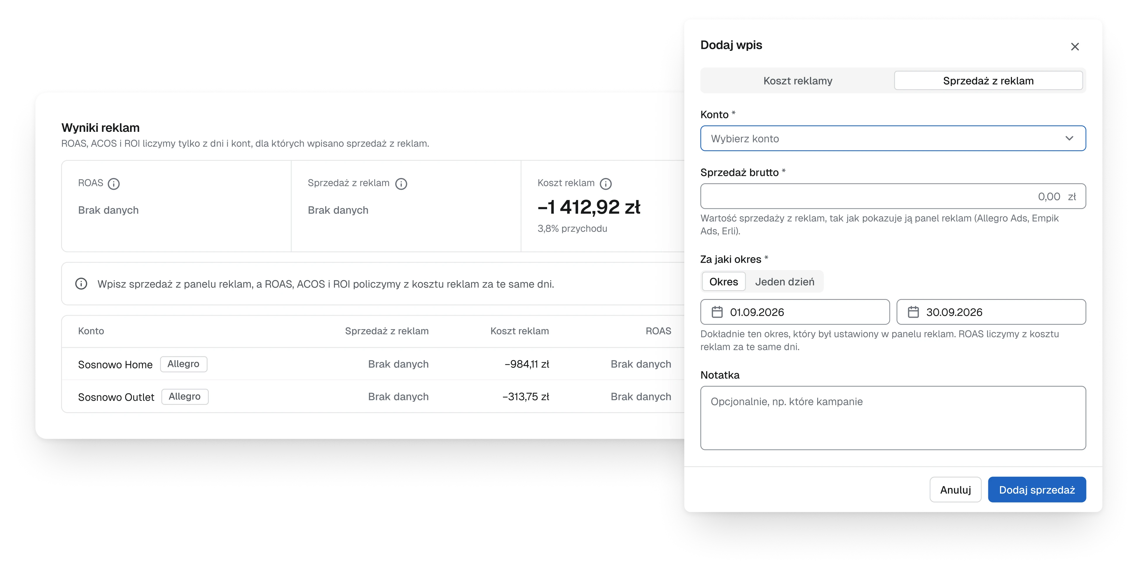 The ad results block with ROAS and ad sales marked No data and a note that says what to enter, and the entry form opened over it on the ad sales tab, with the account, gross sales and the period