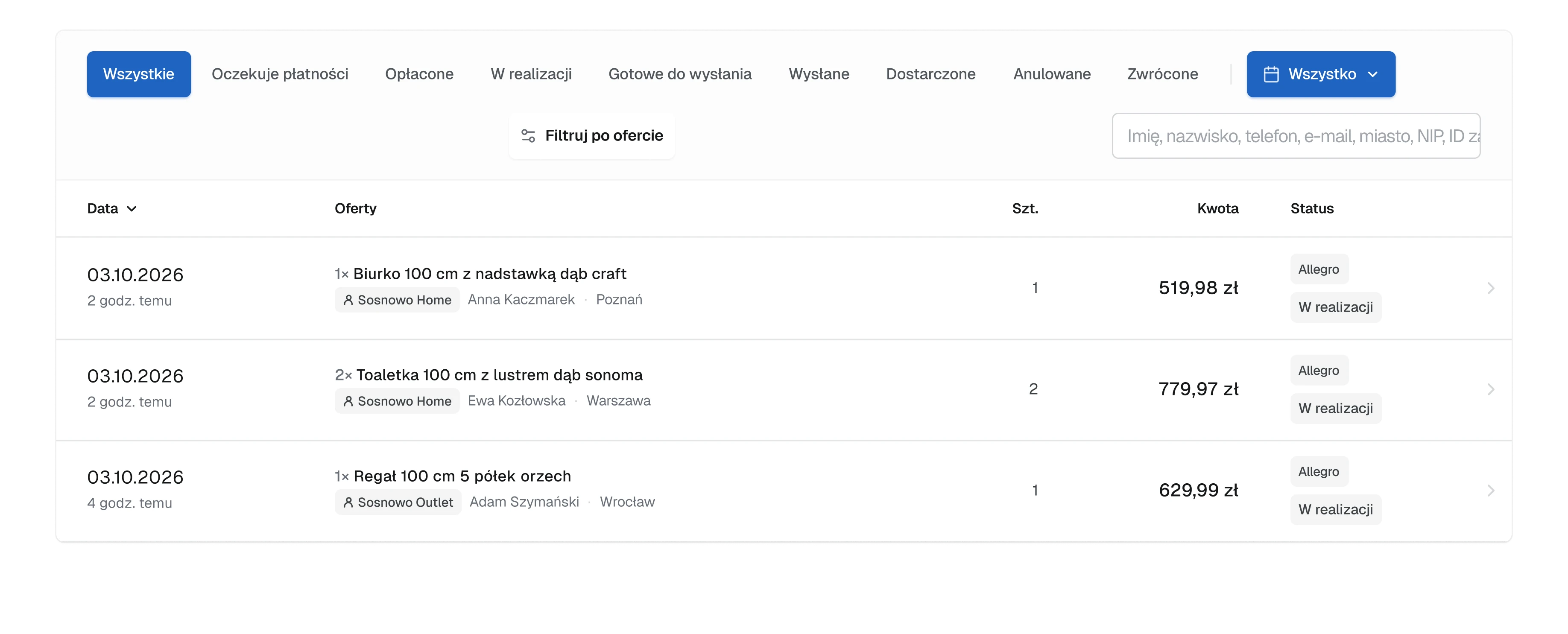 The old order list, nine status tabs without numbers, a date button, a filter button and a search field on a second line, and three tall rows with the date, the offer, the amount and two status badges