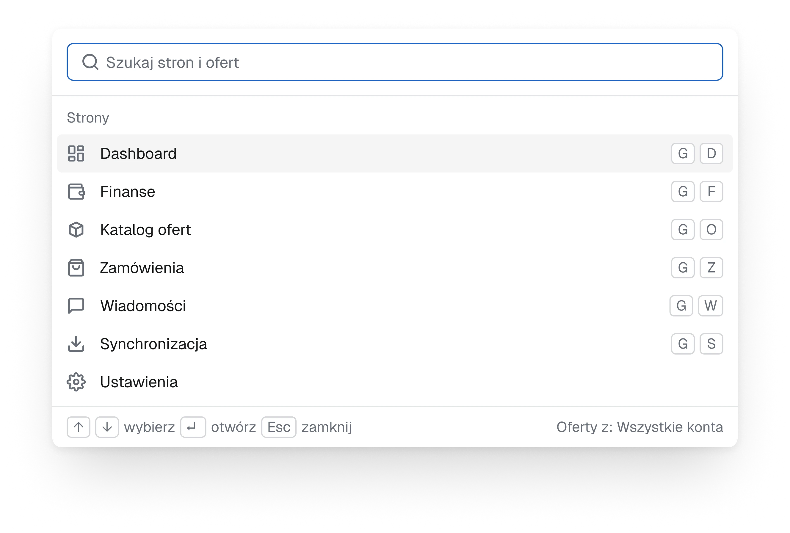 The command palette with a search field and the list of sections, each with its G and letter shortcut