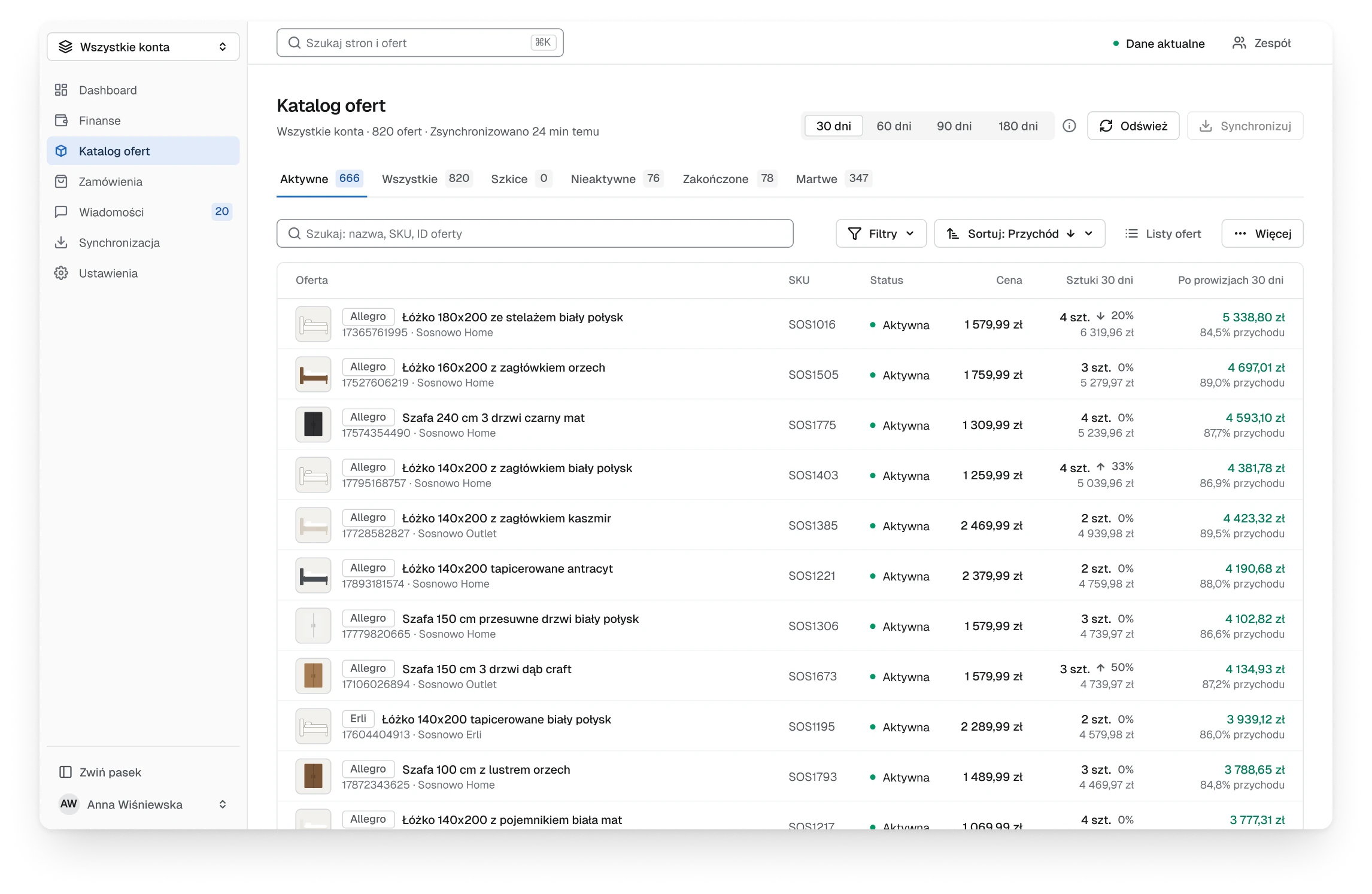 The new offer catalogue, tabs with counts, one toolbar with search, filters and a sort set to revenue, and more rows in view