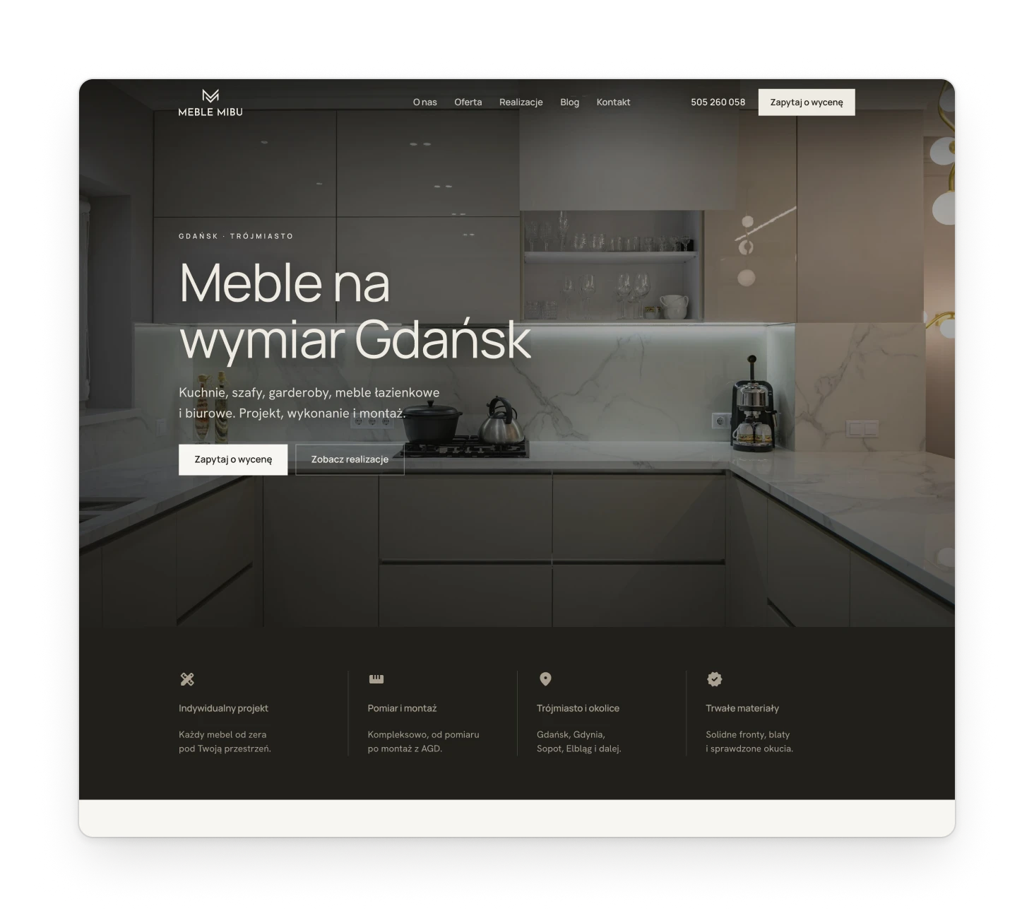 The new home page with one kitchen photo across the whole window and a large headline on the left