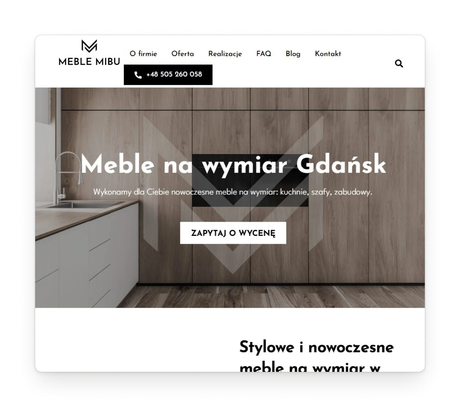 The old home page with a centred headline over a kitchen photo and a block of text under it