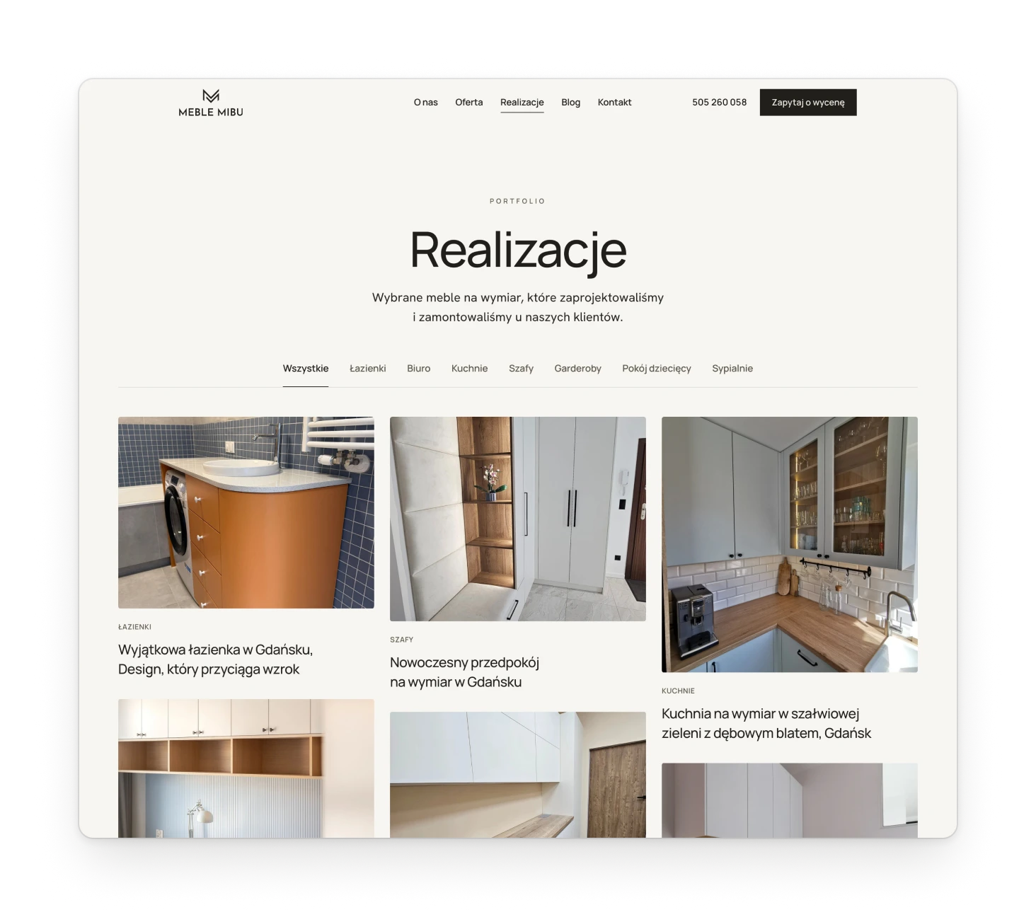 The new projects page with category tabs and three columns of photos