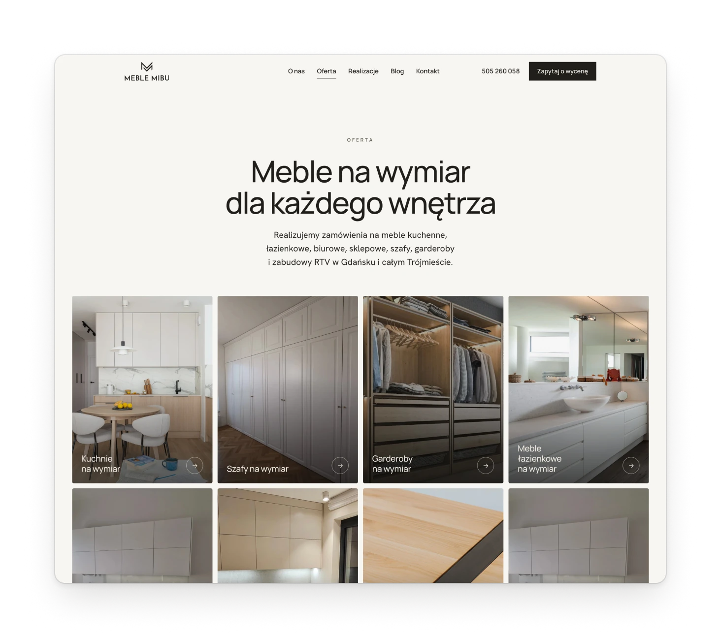 The offer page with a headline and a grid of furniture photos, one photograph for every kind of furniture