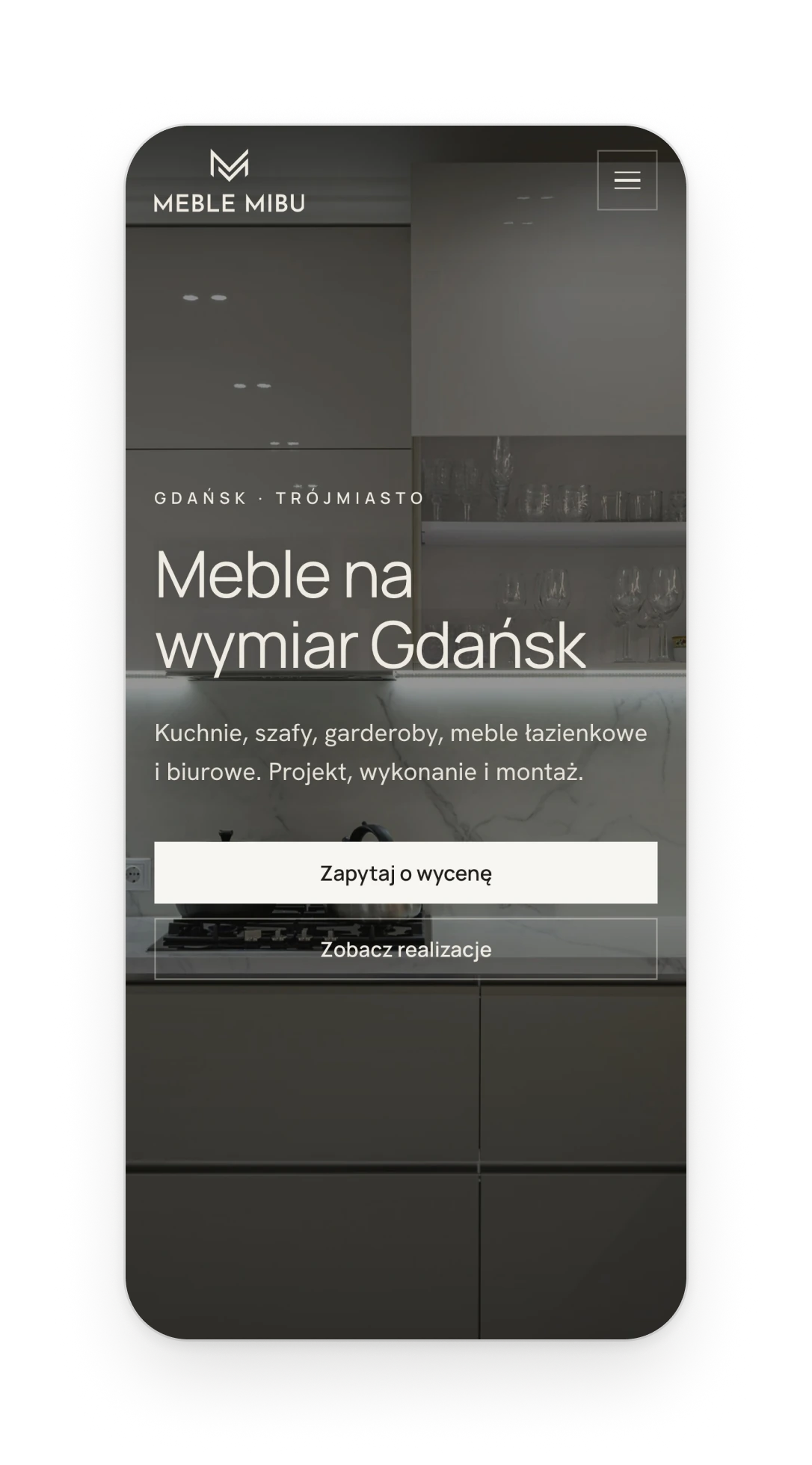 The home page on a phone with a headline over a photograph of a kitchen