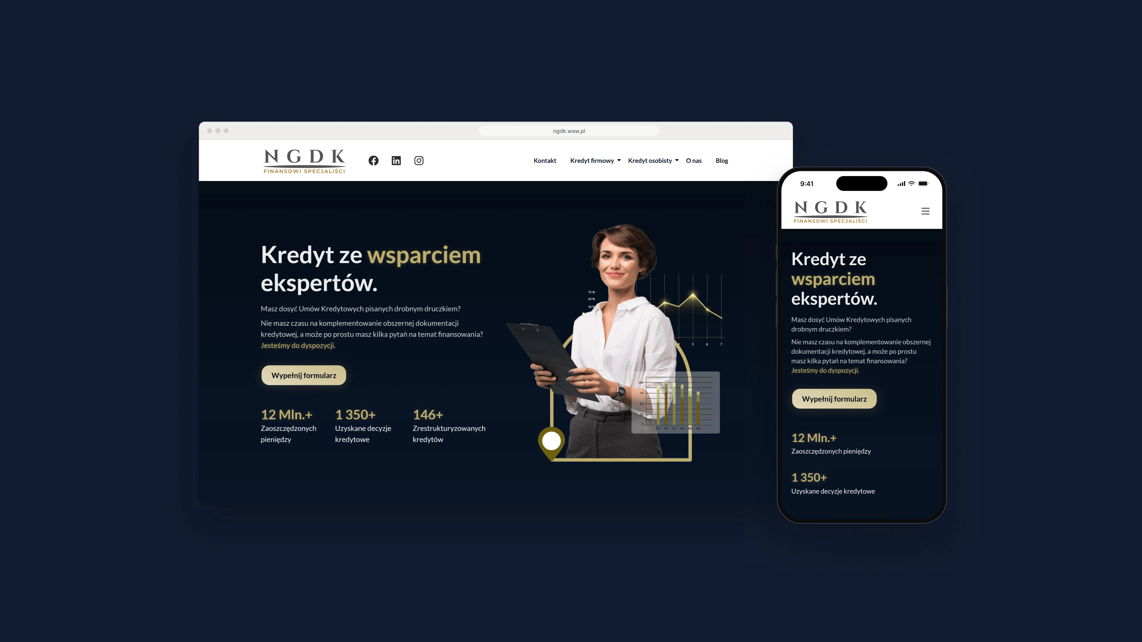 The NGDK home page in a browser window, a dark navy screen with a heading about credit with the support of experts, a gold button to fill in the form and three figures, beside a photograph of a woman with a clipboard, next to the same page on a phone, on a navy background