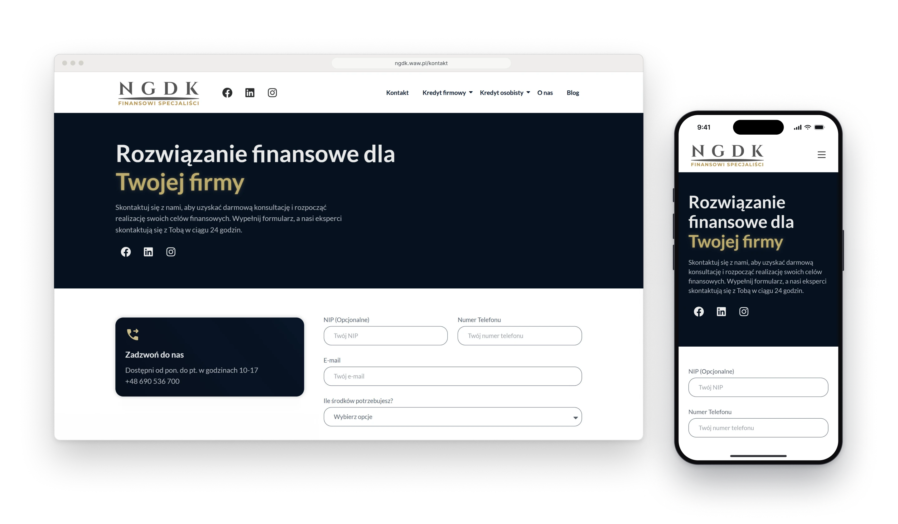 The form for companies in a browser window, a navy panel with a heading that offers a financial solution to a business, and below it a card with the phone number beside fields for the tax number, the phone, the e-mail and the amount needed, next to the same page on a phone