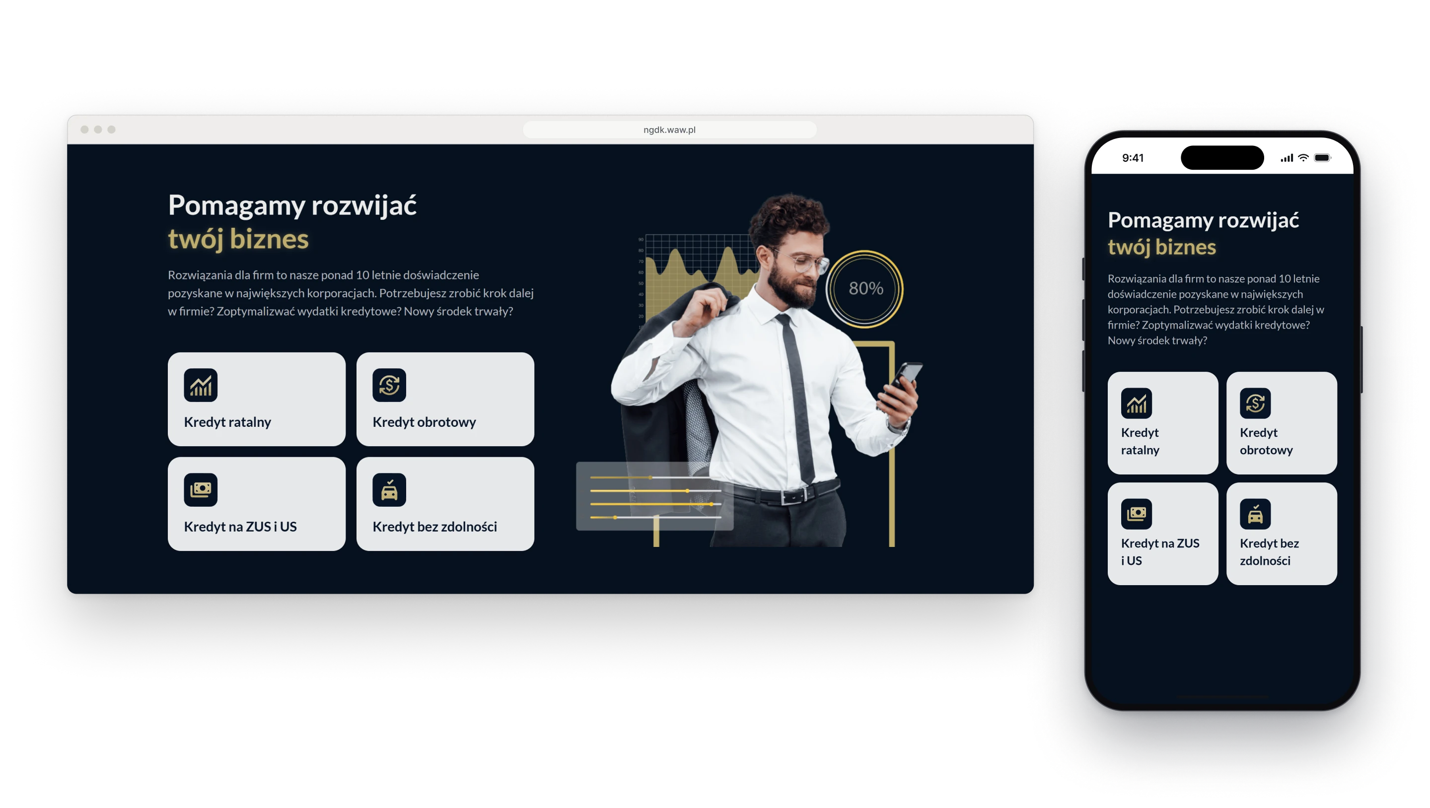 The offer for companies in a browser window, a heading about helping a business grow and four tiles for an instalment loan, a working capital loan, a loan for tax and social security arrears and a loan for companies without credit standing, beside a photograph of a man with a phone, next to the same section on a phone