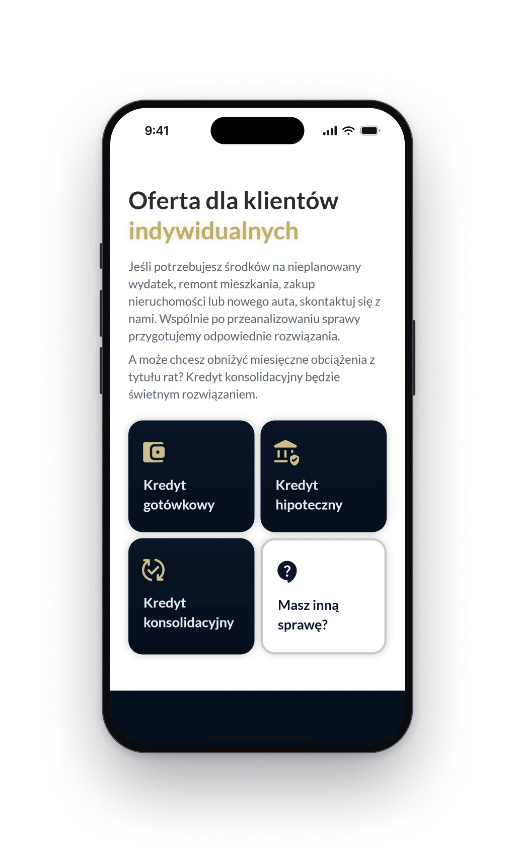 The offer for private clients on a phone, a heading, two short paragraphs and four tiles for a cash loan, a mortgage, a consolidation loan and any other matter